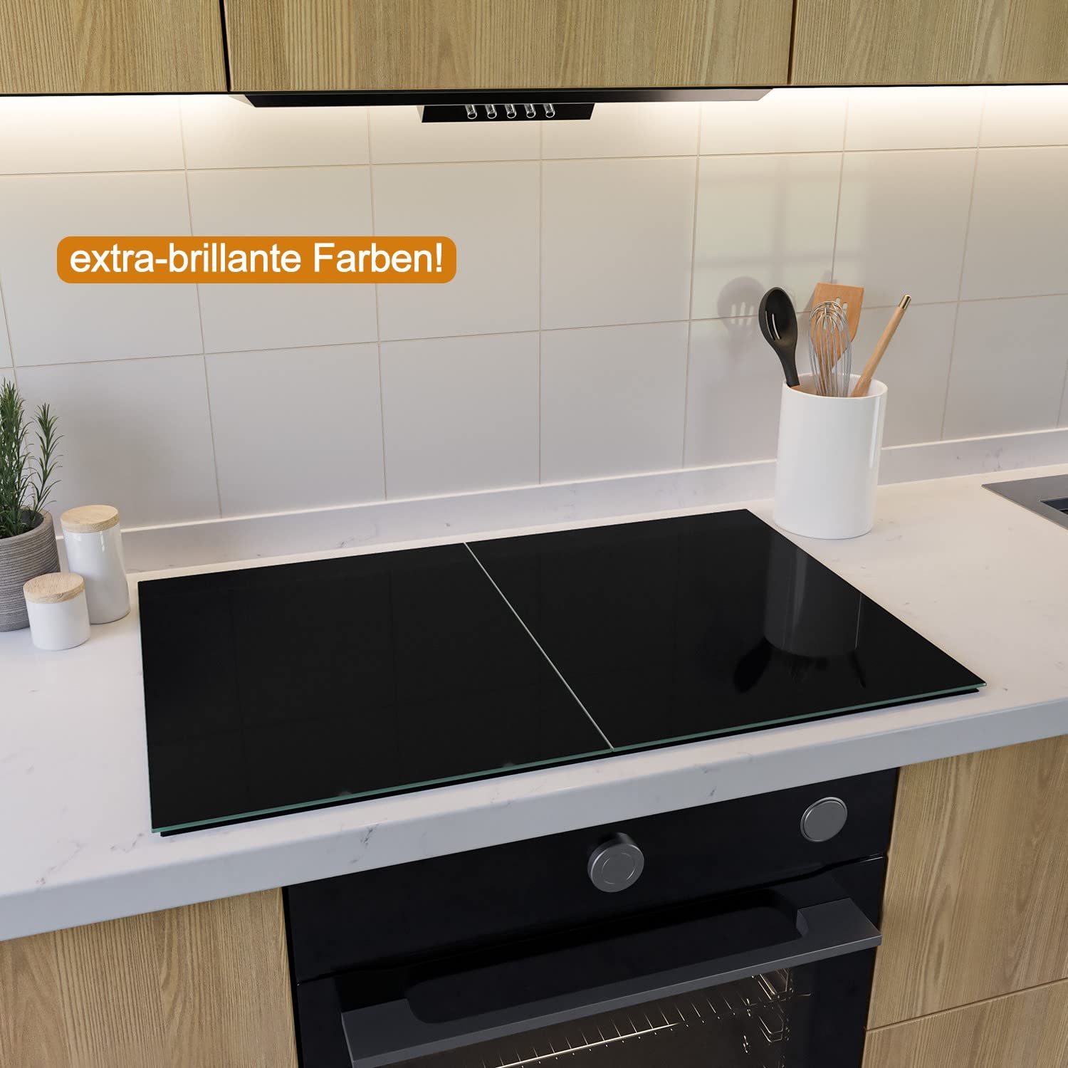 Wallario Herdabdeckplatte aus Glas, 2-teilig, 80x52cm, für Ceran- und Induktionsherde, Schwarz