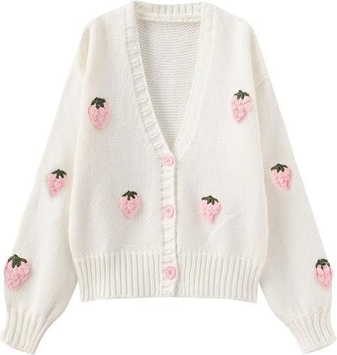 SYYRXB Kawaii Sweet Japanese Fruit Strawberry Pink Bordado Impreso Botón de Punto Cardigan Abrigo Abrigo