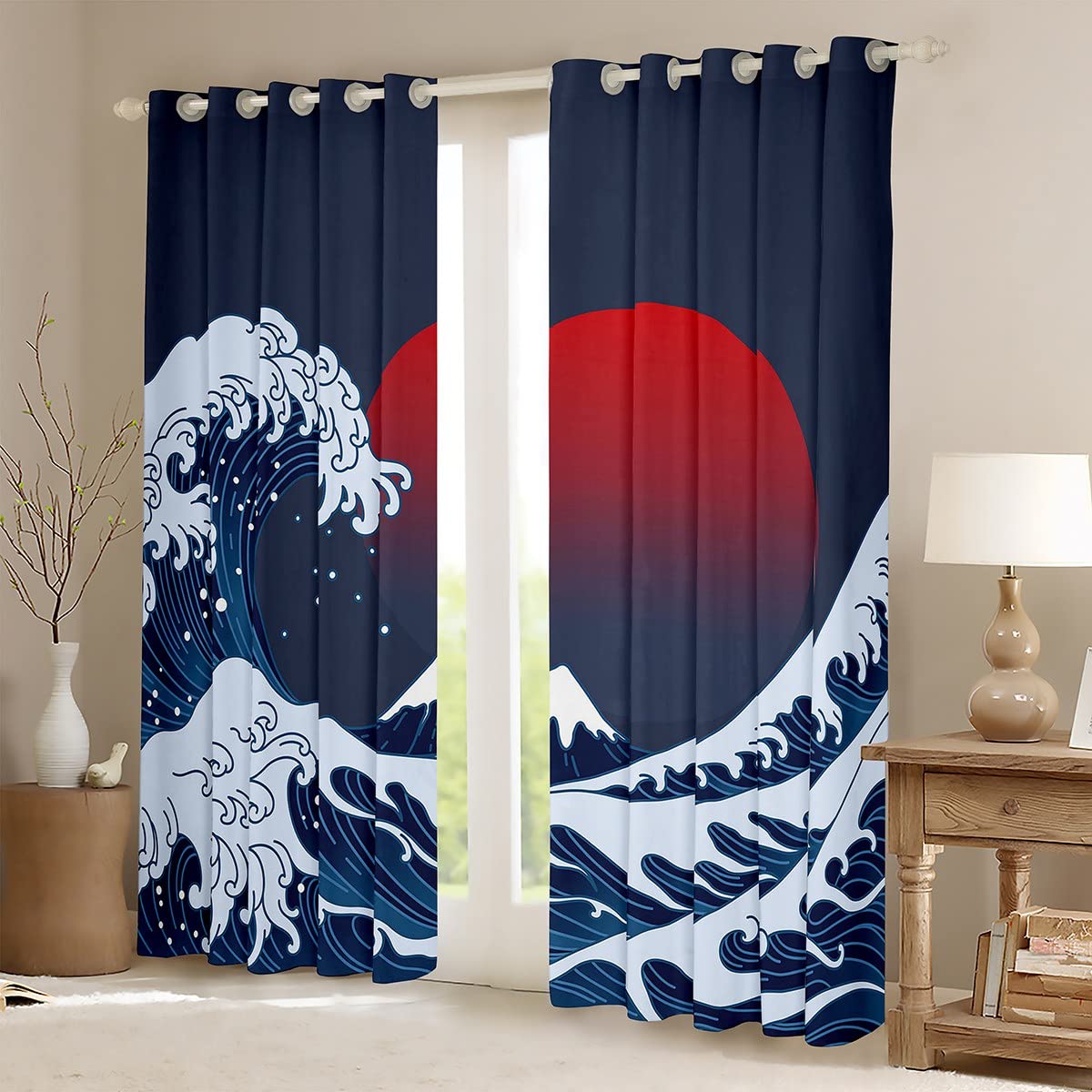 Feelyou Ocean Wave Window Curtains for Bedroom Living Room Sea Surfing Red Sun Window Drapes for Kids Boys Girls Japanese Ukiyoe Window Treatments Exotic Navy Blue Decor 42W X 84L?2 Panels