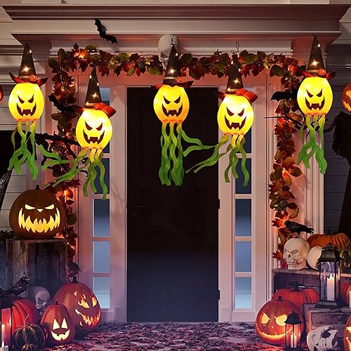 Miniatura 7 de Decoraciones de Halloween para exteriores, luces colgantes para decoración de Halloween, sombrero de bruja de calabaza brillante, decoración naranja