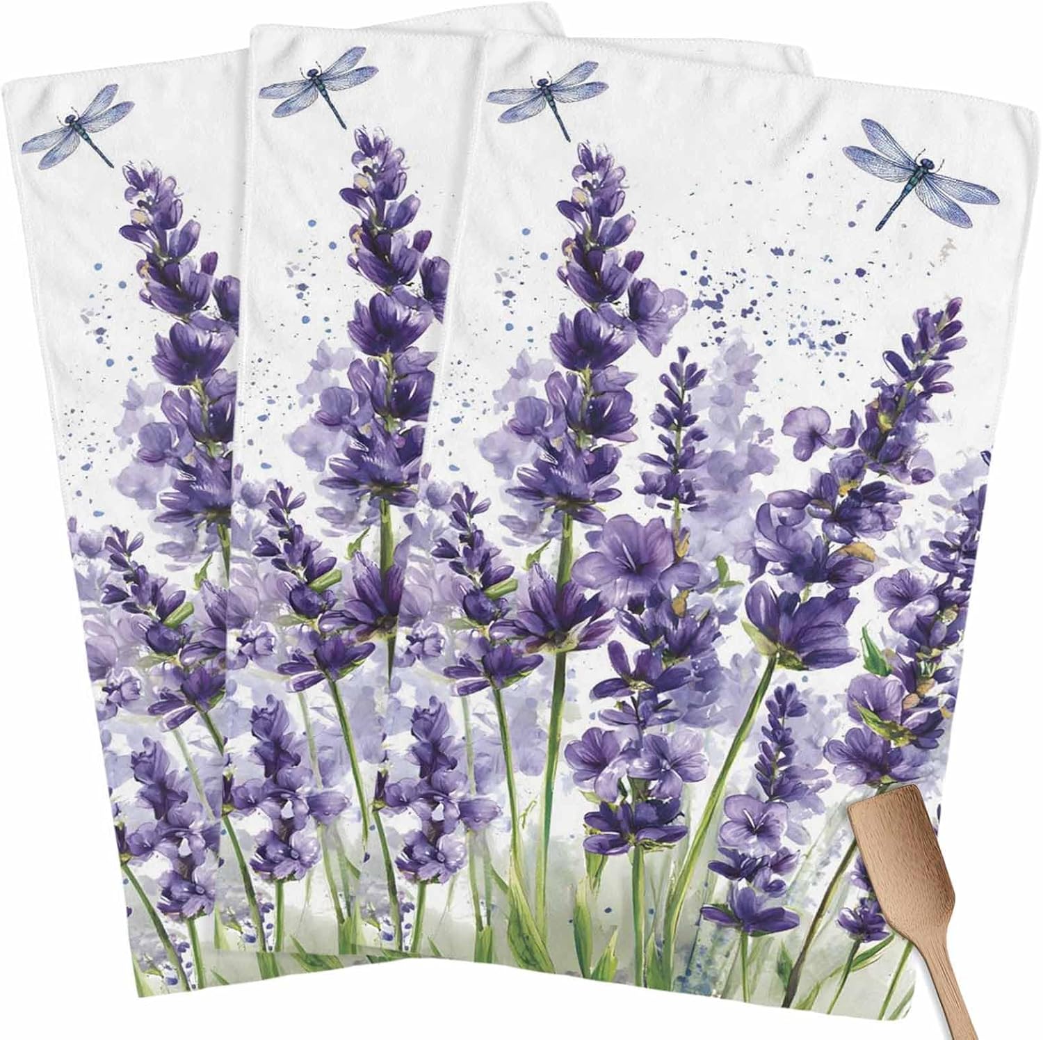 Lavender Dragonfly Flower Kitchen Dish Towels Set of 3, Soft Lightweight Microfiber Absorbent Hand Towel Purple Plant Tea Towel for Kitchen Bathroom 18x28in