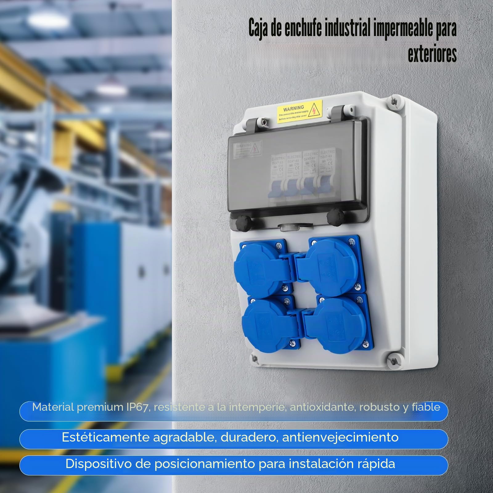 Caja de Distribución Eléctrica para Obra 16A, Distribuidor de Corriente 230V para Construcción IP67 para Montaje en Pared con con 4 Enchufes Schuko Disyuntor, para Talleres, Fábricas y Obras