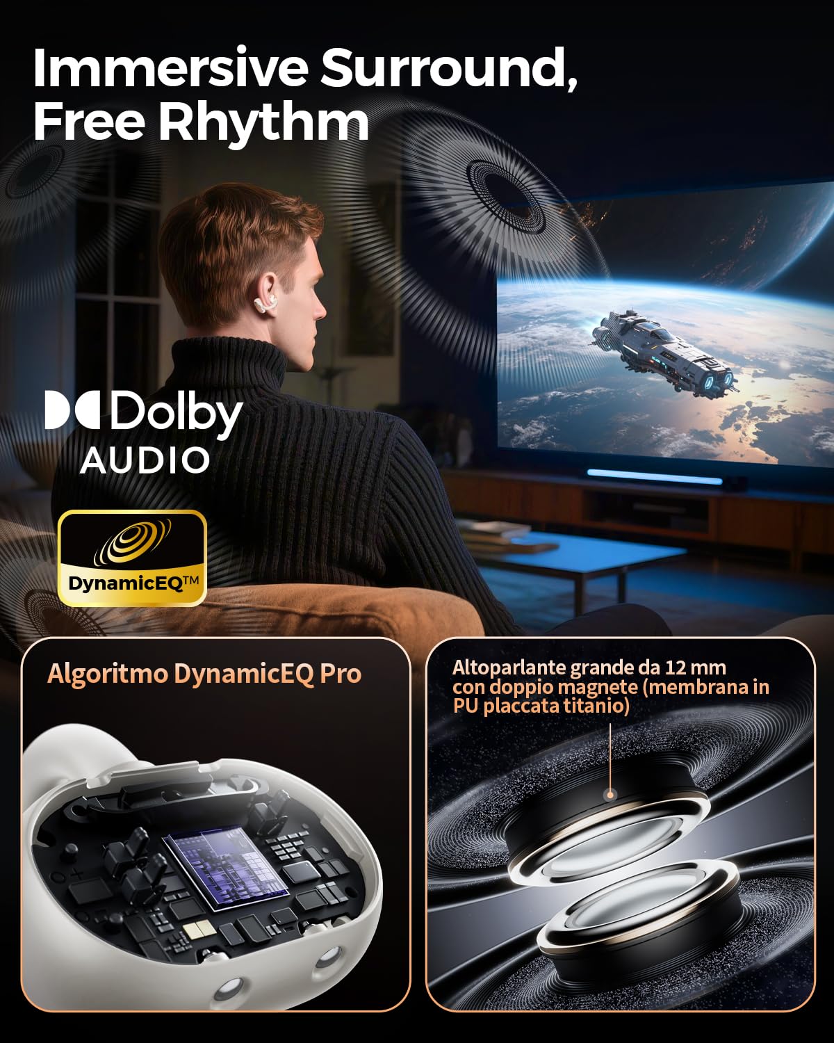 SoundPEATS Clip1 Open-Ear Auricolari, con Hi-Res e LDAC, Audio Dolby, Autonomia di 40 Ore, Ricarica Rapida, Bluetooth 5.4, Connessione Multipla, IPX5, Rilevamento Uso, PeatsAudio APP