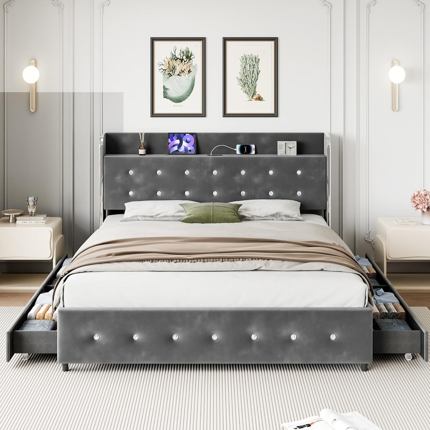 ( reference is color blue ) Queen Size Bed Frame, Upholstered Platform Bed Frame with Trundle and 4 Storage Drawers, Bed Frame with Diamond Tufted Headboard, Wooden Slats Support, No Box Spring Needed, Easy Assembly, Grey