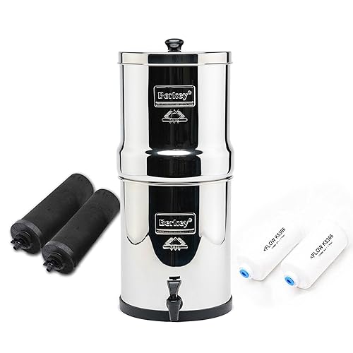 Travel Berkey - Filtro de agua alimentado por gravedad con 2 elementos Berkey negros + 2 elementos de flúor Berkey PF-2 y reducción de arsénico, uso