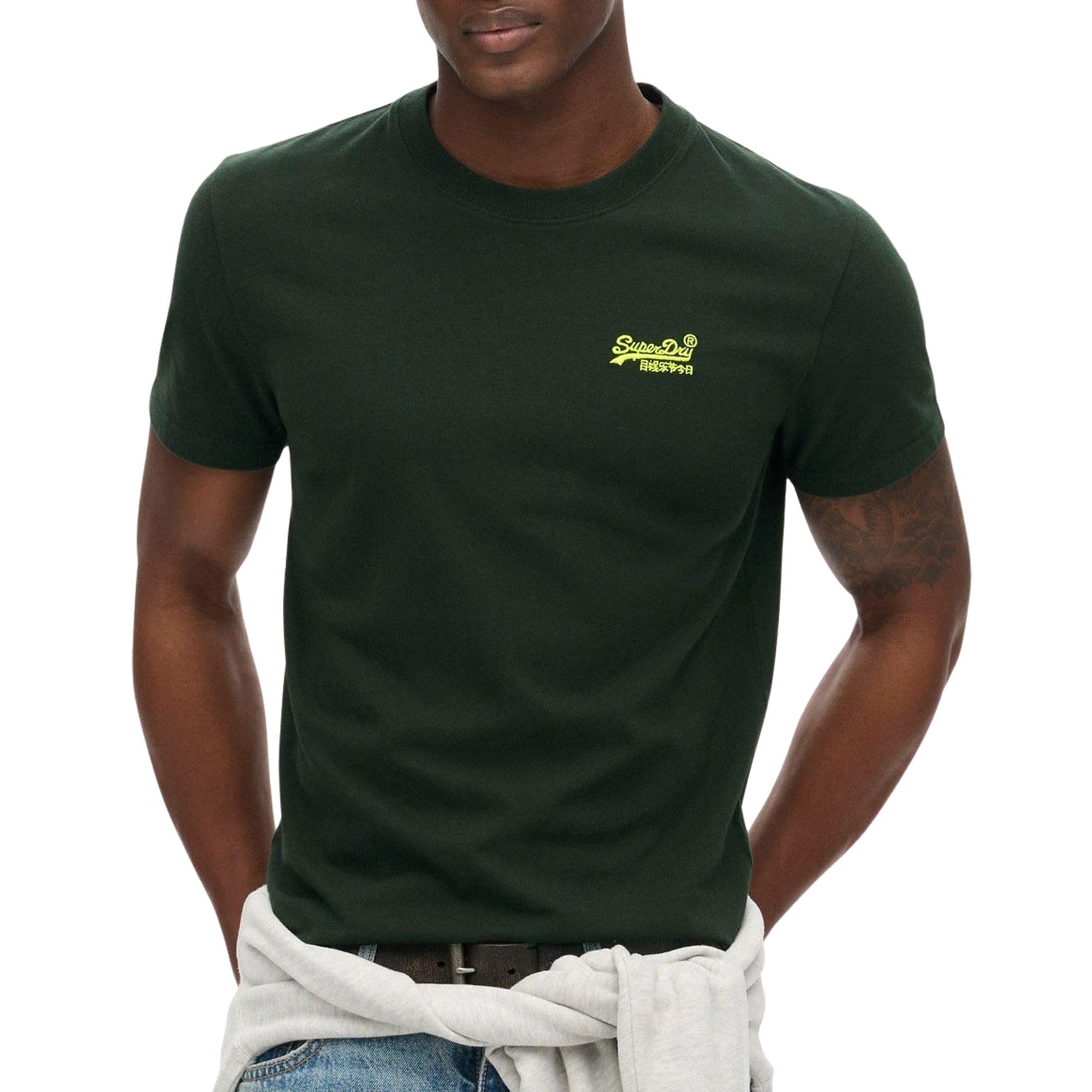 Superdry Men's Forest Green / Fluro Yellow Essential Logo Embroidered Short Sleeve T-Shirt S