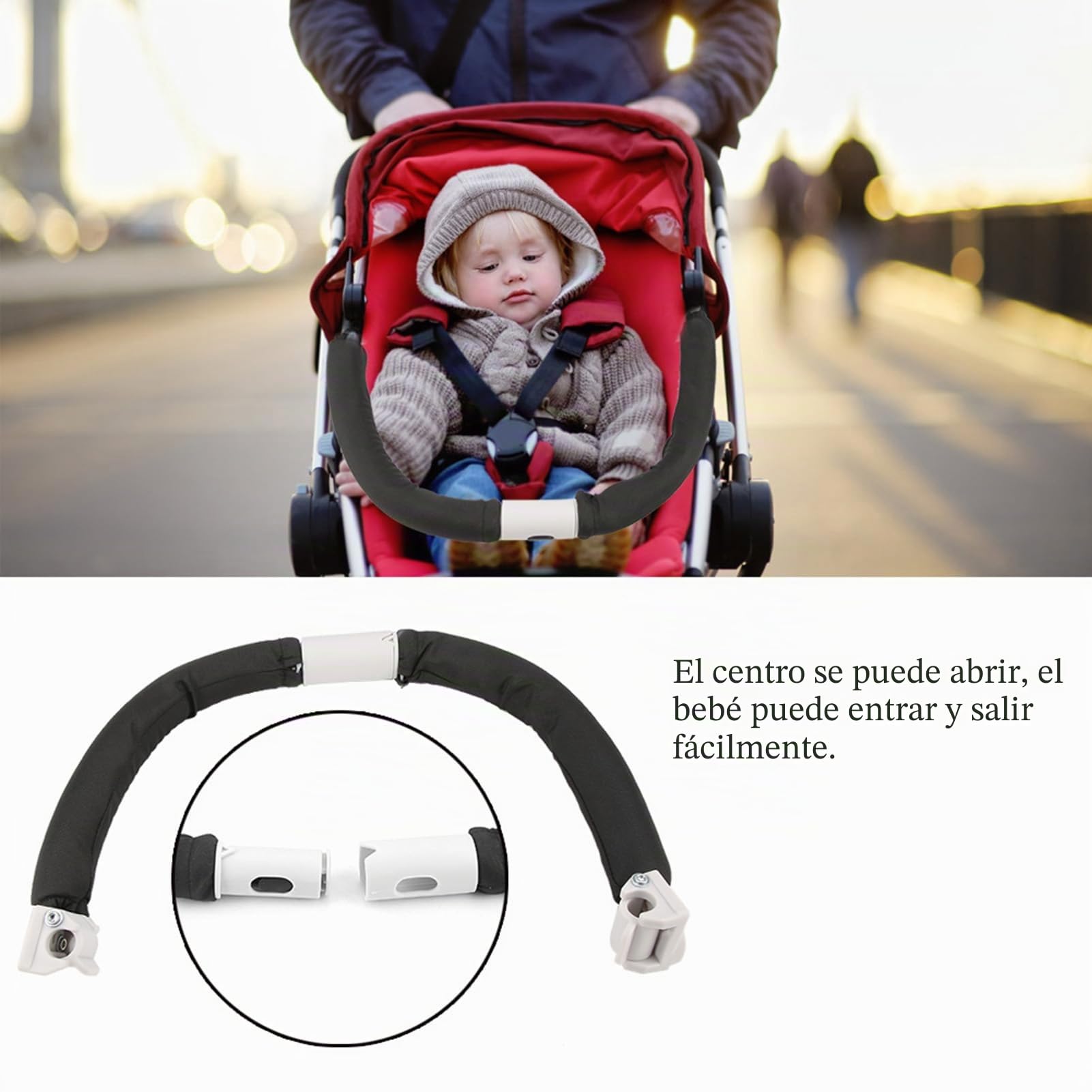 FTVOGUE Manillar Ajustable para Cochecito de Bebé, Barra Parachoques de Seguridad, Reposabrazos para Cochecito, Negro