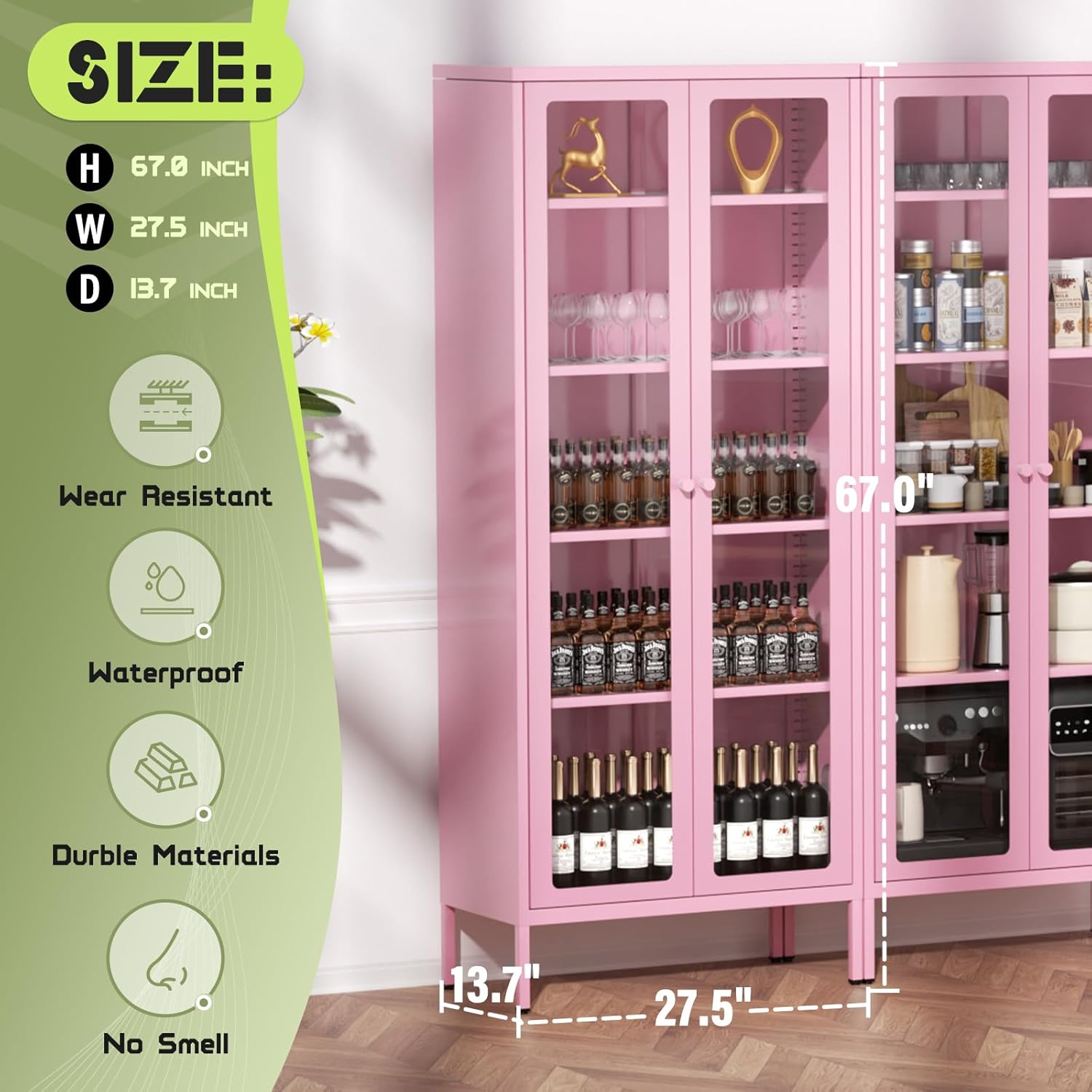 Oakcloud 67" Metal Glass Display Cabinet, Storage Cabinet for Collectibles, Curio, China, Books, Display Case with Glass Doors and 4 Adjustable Shelves for Home Office, Living Room, Pantry (Pink) 67" Pink