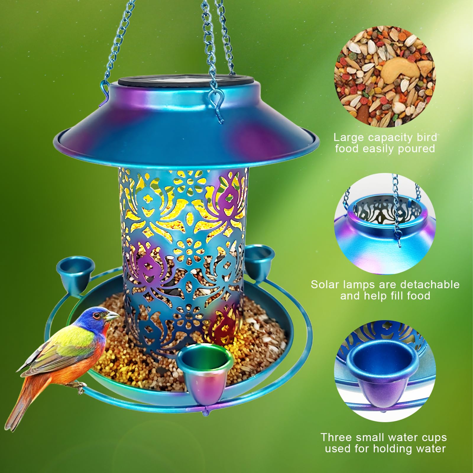 Comedero solar para pájaros para exteriores, 3 tazas de néctar para colibríes, de metal, resistente a la intemperie, linterna de jardín 2 en 1, luz automática por la noche, perfecto para
