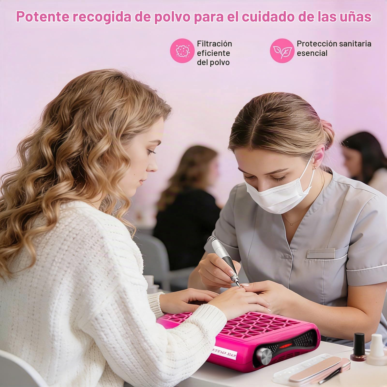 Aspirador de polvo de uñas con 30 papeles de filtro, ventilador turbo dual con potencia de succión de 1600 Pa, 6000 rpm de potencia de succión ajustable para manicura, salón de uñas