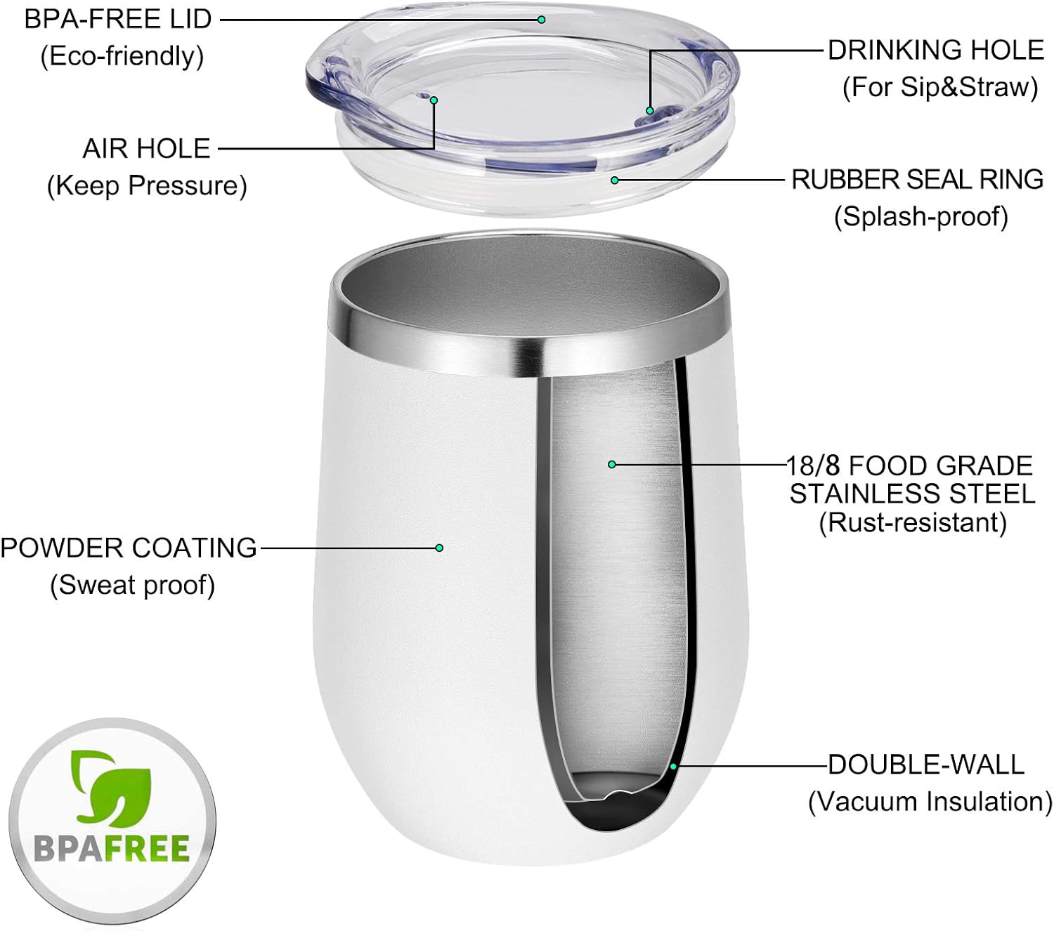 VEGOND Wine Tumblers Bulk 12 Pack, 12oz Stainless Steel Stemless Wine Glass with Lids and Straws, Double Wall Vacuum Insulated Tumbler Cup, Coffee Mug for Cold Hot Drinks - Image 3