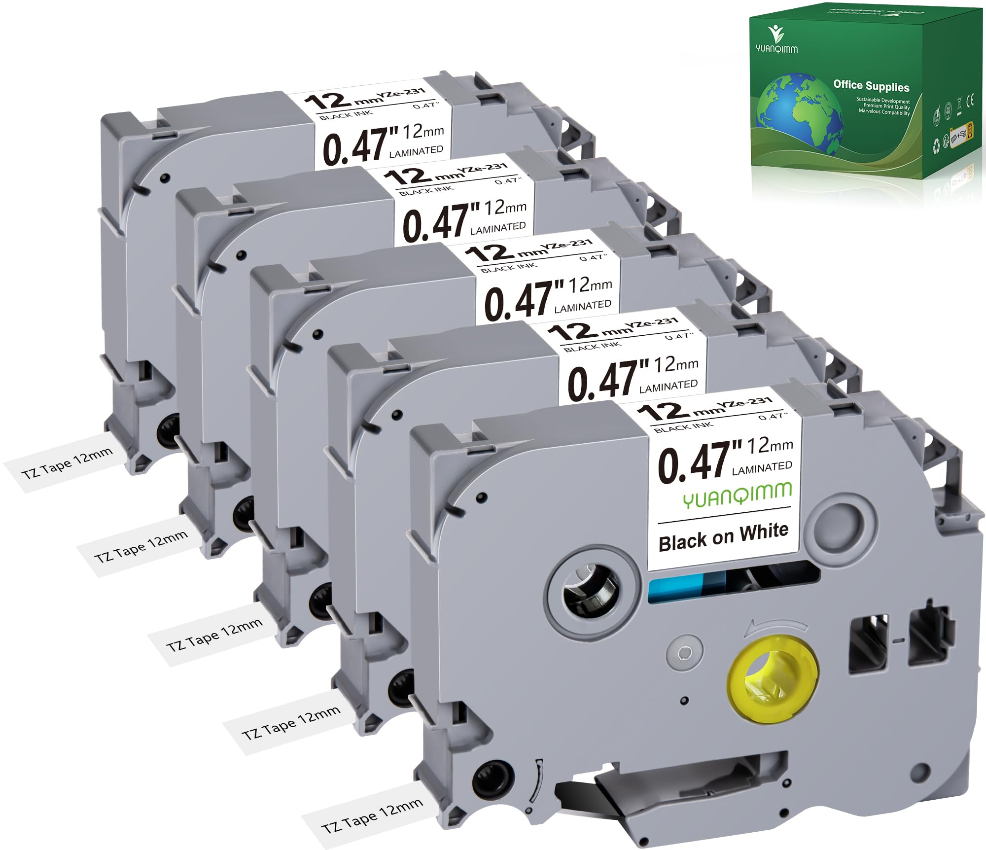 Nastro Brother TZe-231 Compatibile 12mm - 5 Pezzi Nero Su Bianco Laminato