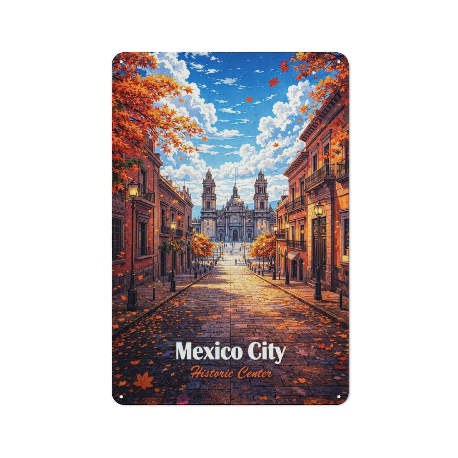 Junmoney Style-21 Vintage Mexico City Historic Center Autumn Metal Plaque 30X20cm, Diner Style Decor For Bakery, Diner, Cafe Or Family Room