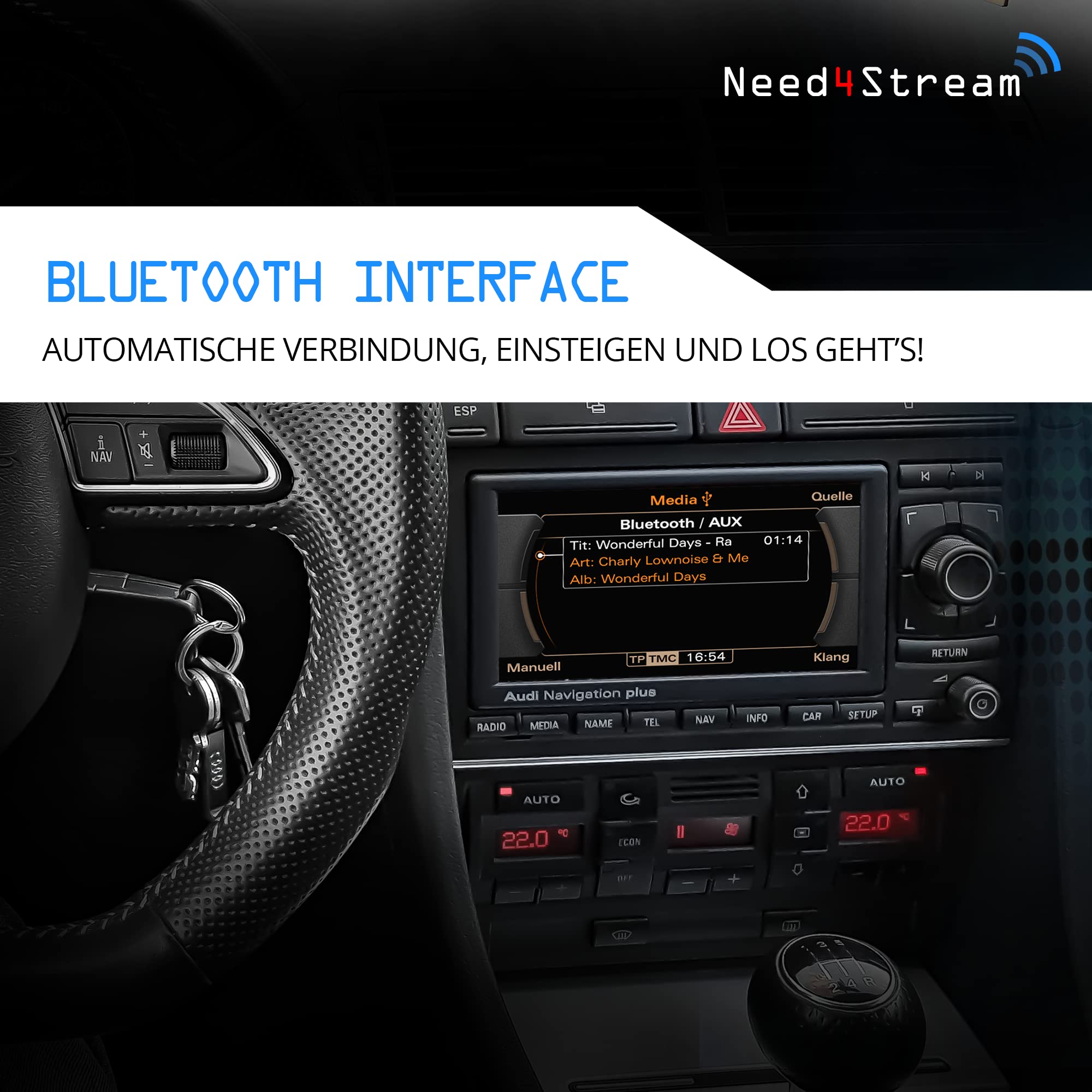 N4S74094 Bluetooth Adapter Auto mit Titelanzeige für RNS-E, Audio Adapter kompatibel mit Audi A3 (8P), Audi TT (8J), Audi R8 (420), Lamborghini Gallardo, Seat Exeo, iPhone und Android