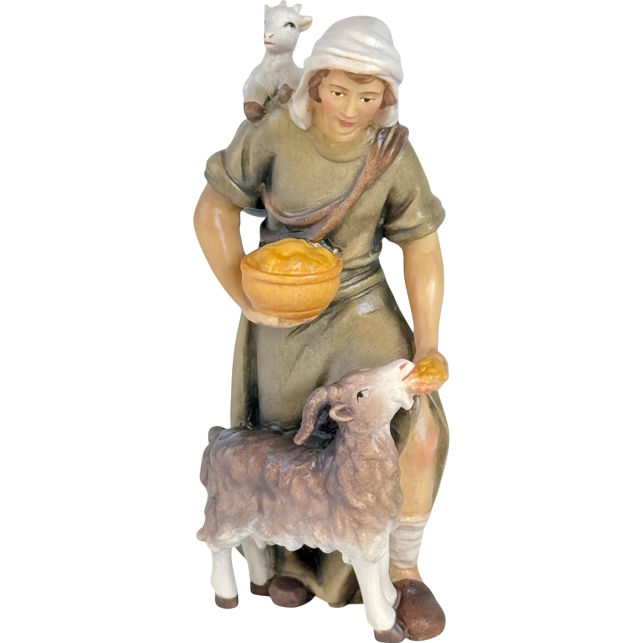 Shepherd with goat and kid, holding bread basket - Natural maple wood by Dolfi