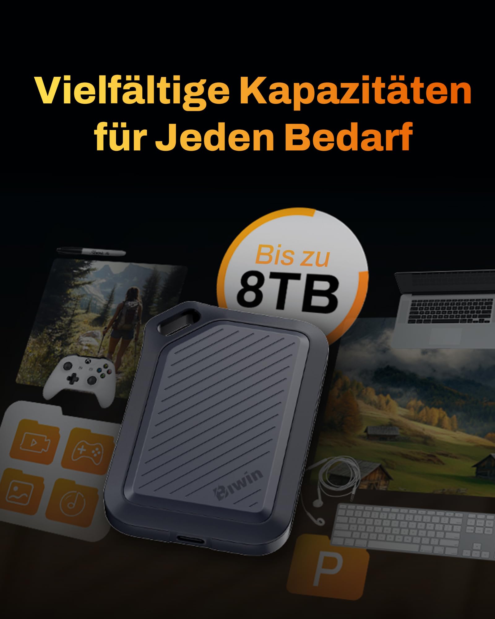 BIWIN Amber PR2000 Externe SSD 2TB USB 3.2 Gen2x2 - Bis zu 2000 MB/s IP67 wasserdicht - Portable NVMe External Solid State Drives mit USB-C & USB-A Adapter, Schwarz