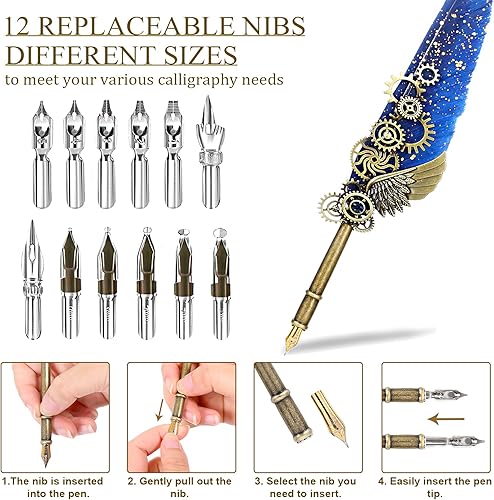 Miniatura 10 de AIYNC Juego de bolígrafo y tinta, juego de tinta de pluma que incluye bolígrafo mecánico y bolígrafo de inmersión de madera, 5 colores de tinta, 12