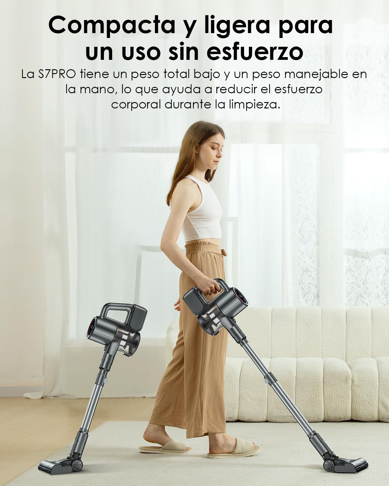 Aspiradora sin Cable, 500W/40KPA Aspiradora de Escoba con 45 Min de Autonomía, Pantalla LED, Luz Verde, Filtración de 6 Etapas, Diseño Autoportante para Suelos Duros, Alfombras y Pelo de Mascotas