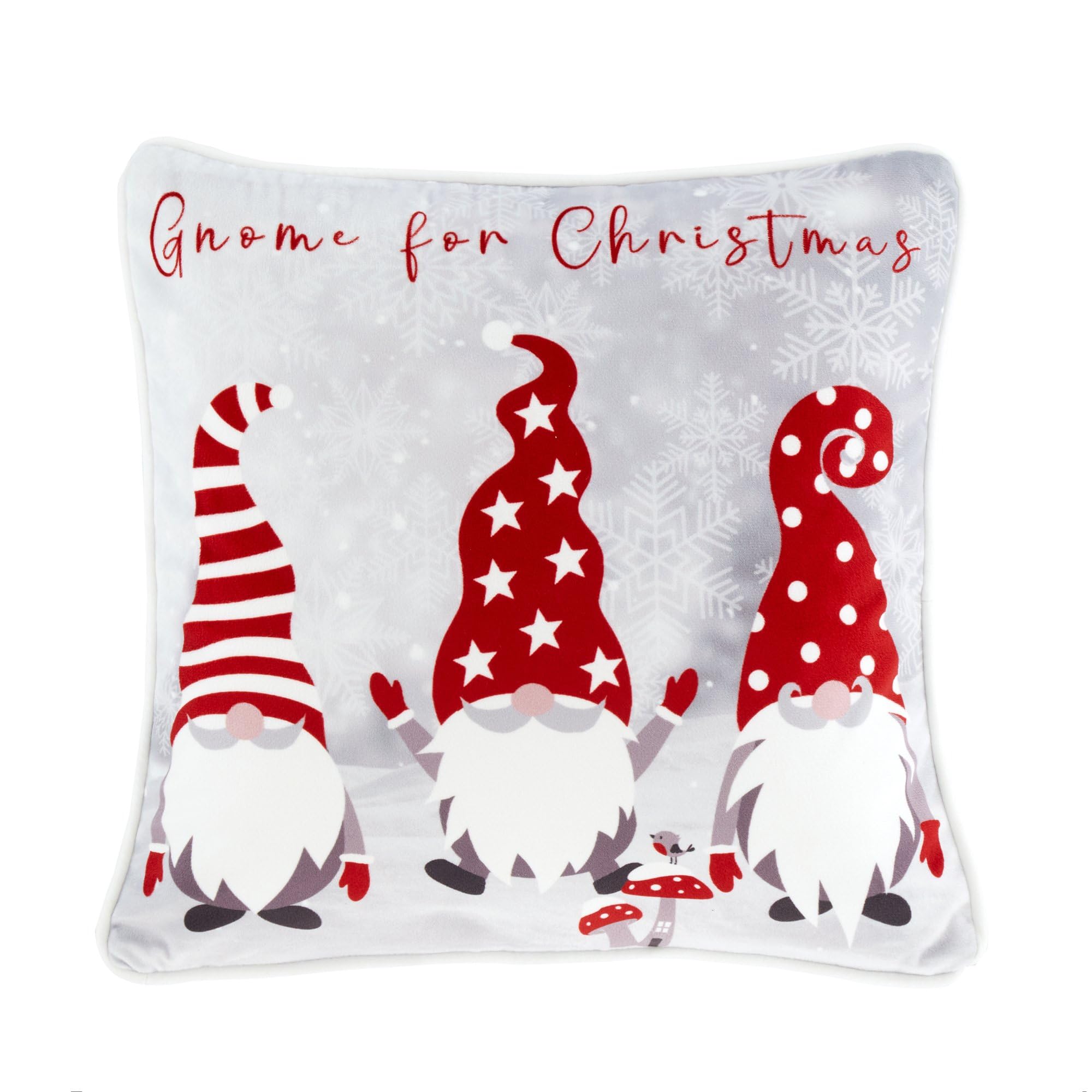 Fusion Christmas Gonks Cushion – Red Reversible Festive Design with Gnomes & Polka Dots, 43x43cm – Filled Decorative Cushion with Cover – Holiday Home Decor