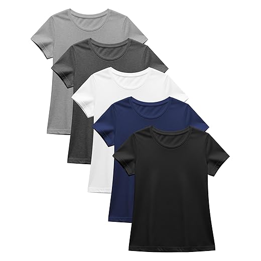 Sexy Basics Women's 5 Pack Casual & Active Basic Cotton Stretch Color T Shirts (5 Pack- Black/White/Grey/Navy/Charcoal, Small)