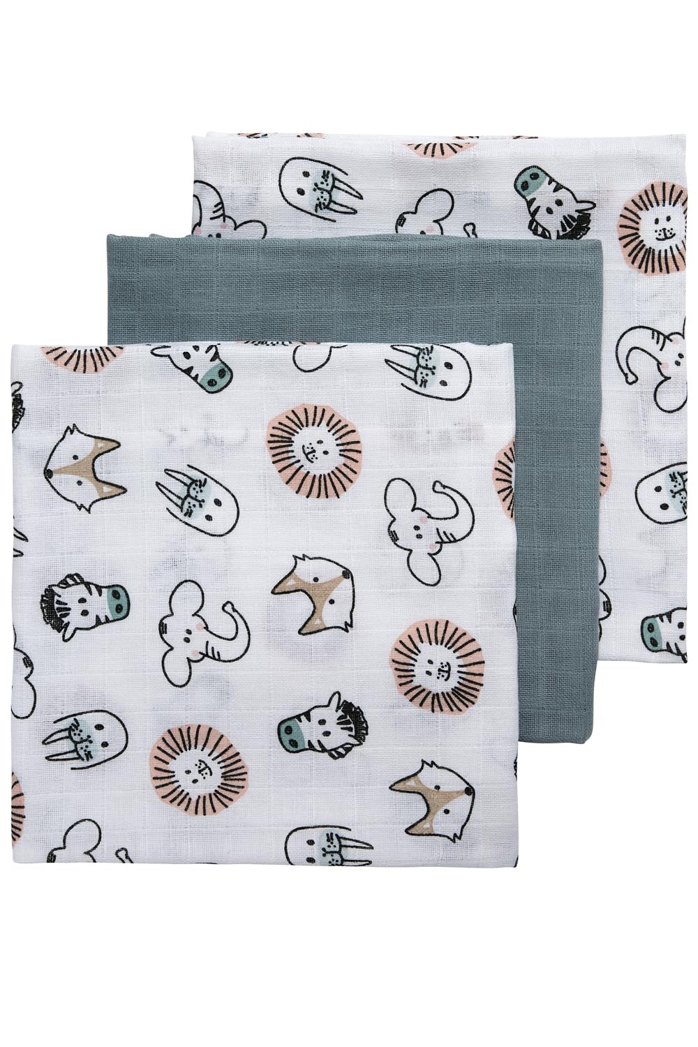 Meyco Baby Mullwindeln 3er Pack - 70x70cm - Musselin Spucktücher - 100 % weiche Baumwolle - Oeko Tex zertifiziert - saugfähig, hautfreundlich & atmungsaktiv - Animal - Weiß/Steingrün