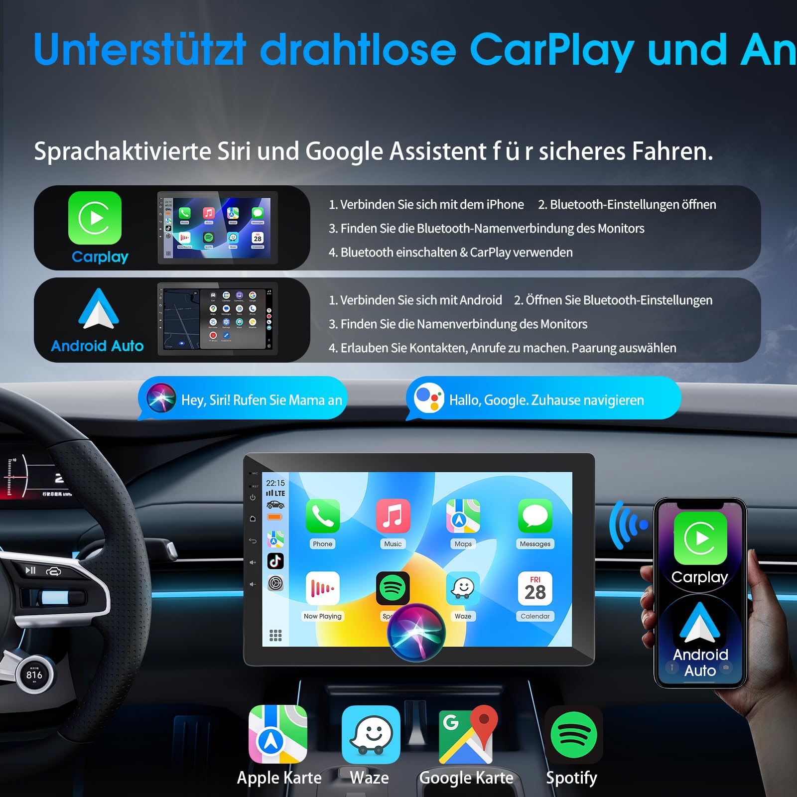 Haudio 360° Drehbares 1 Din Autoradio mit Wireless CarPlay & Android Auto, 10,1" IPS Bildschirm, 720P Rückfahrkamera, GPS, Mirror Link, Sprachsteuerung, RDS/FM/AM Radio, für alle Fahrzeuge Geeignet