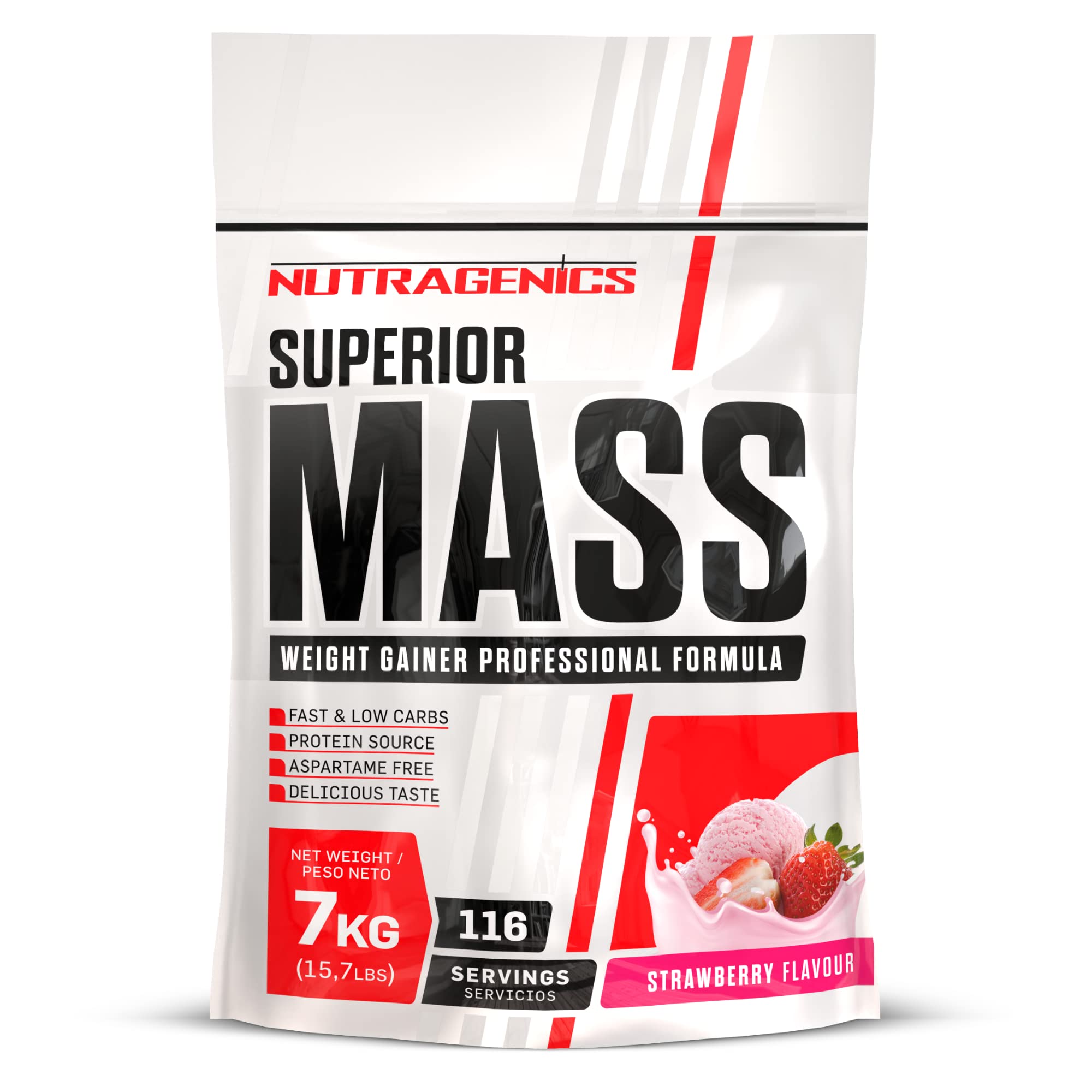 Mass Gainer - Nutragenics Superior Mass - 7 kg - Gainer prise de masse - Gainer prise de poid - Gainer mass - Proteine mass gainer - Whey gainer - Proteine gainer (Fraise)