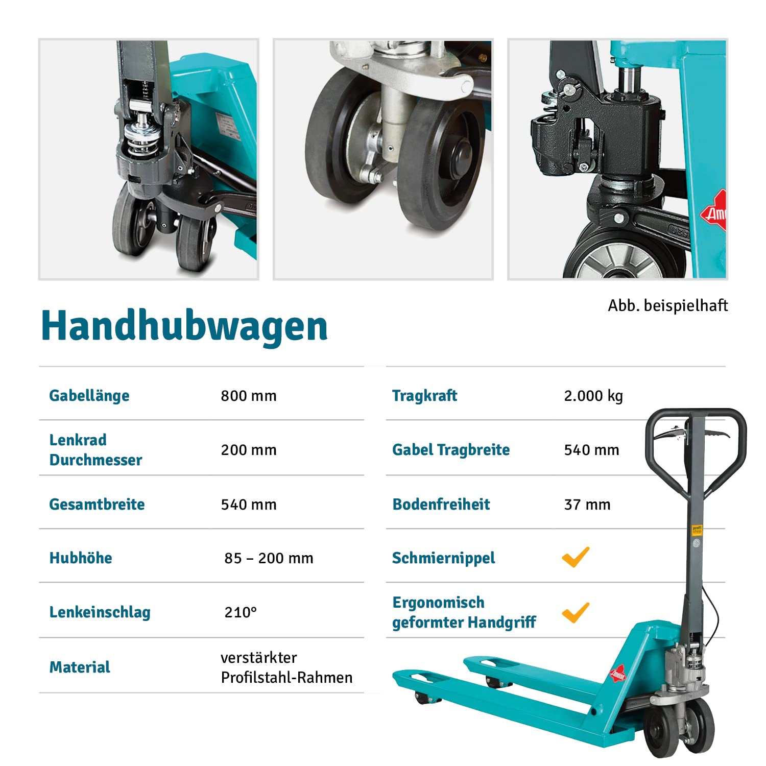 Ameise Hubwagen PTM kurz | 2.000 kg Tragkraft | 800 mm Gabellänge | Lenkrad/Gabelrolle aus robustem Polyurethan | Tandem-Gabelrollen | Palettenhubwagen