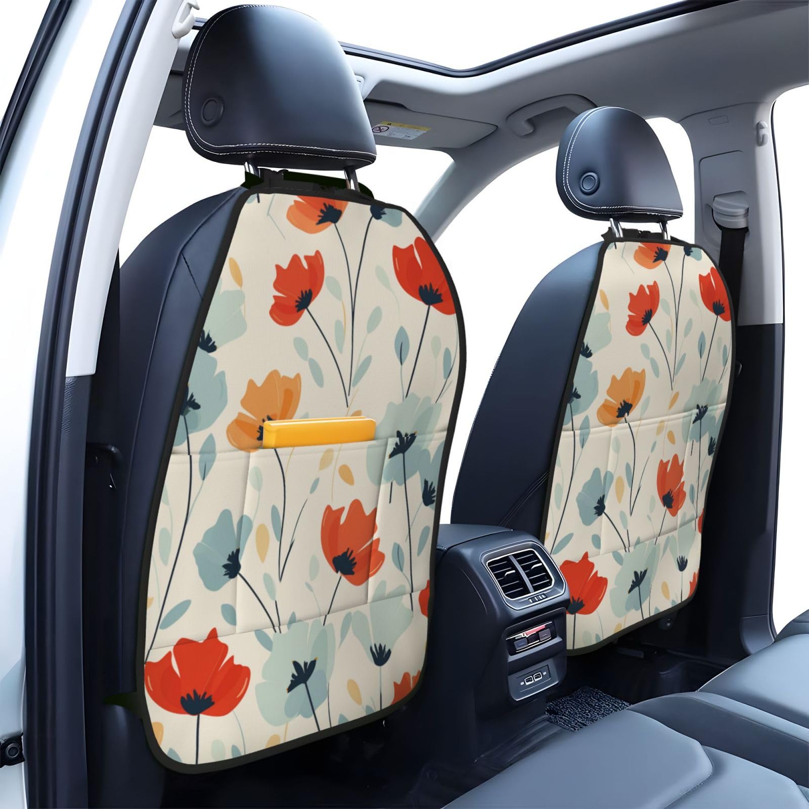 Pastel Red And Blue Flowers Retro Car Seat Back Kick Protectors,2 Pack Kick Mats With Storage Pockets For Vehicles To Protect From Dirt Mud Scratches