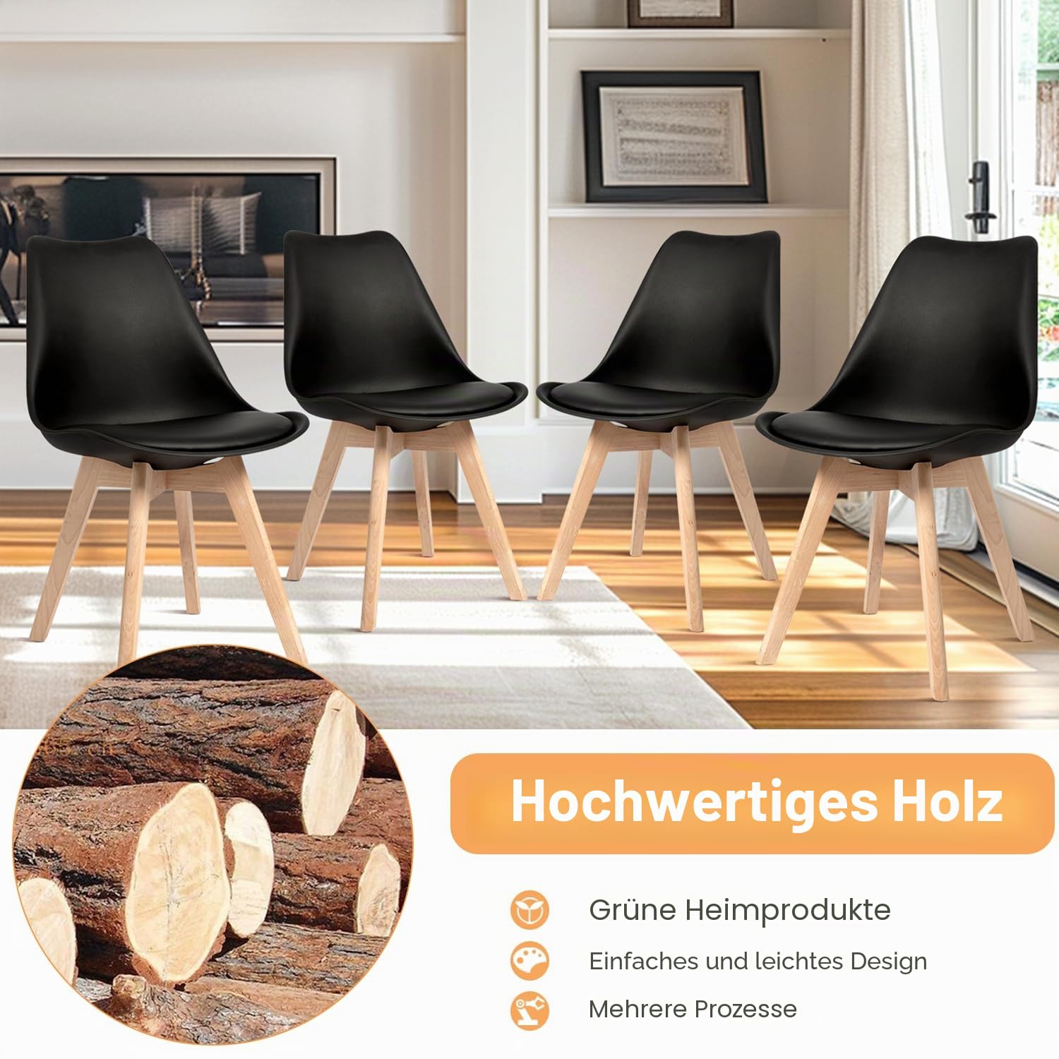 CangLong 4er Set Esszimmerstühle mit Beinen aus massivem Buchenholz, Mid Century Modern Retro Design Polsterstühle für Küche, Esszimmer & Wohnzimmer, Schwarz