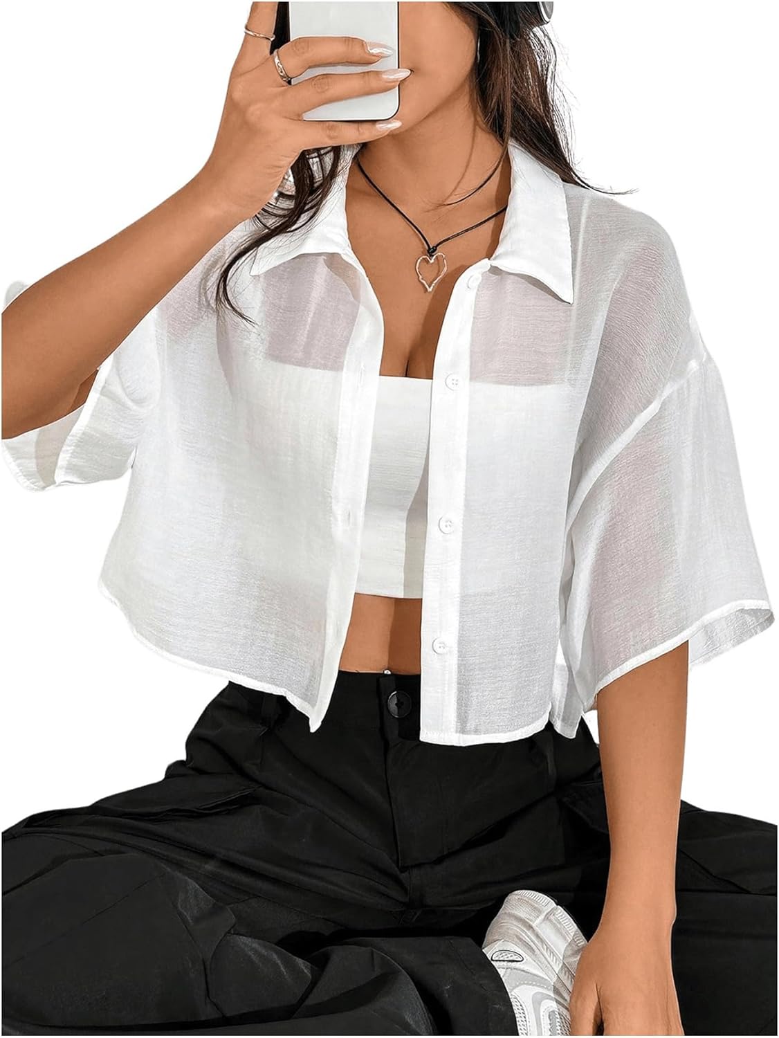 SHENHE Women's Sheer Button Up Blouse Half Sleeve Cropped Loose Button Down Shirt Top - Image 3
