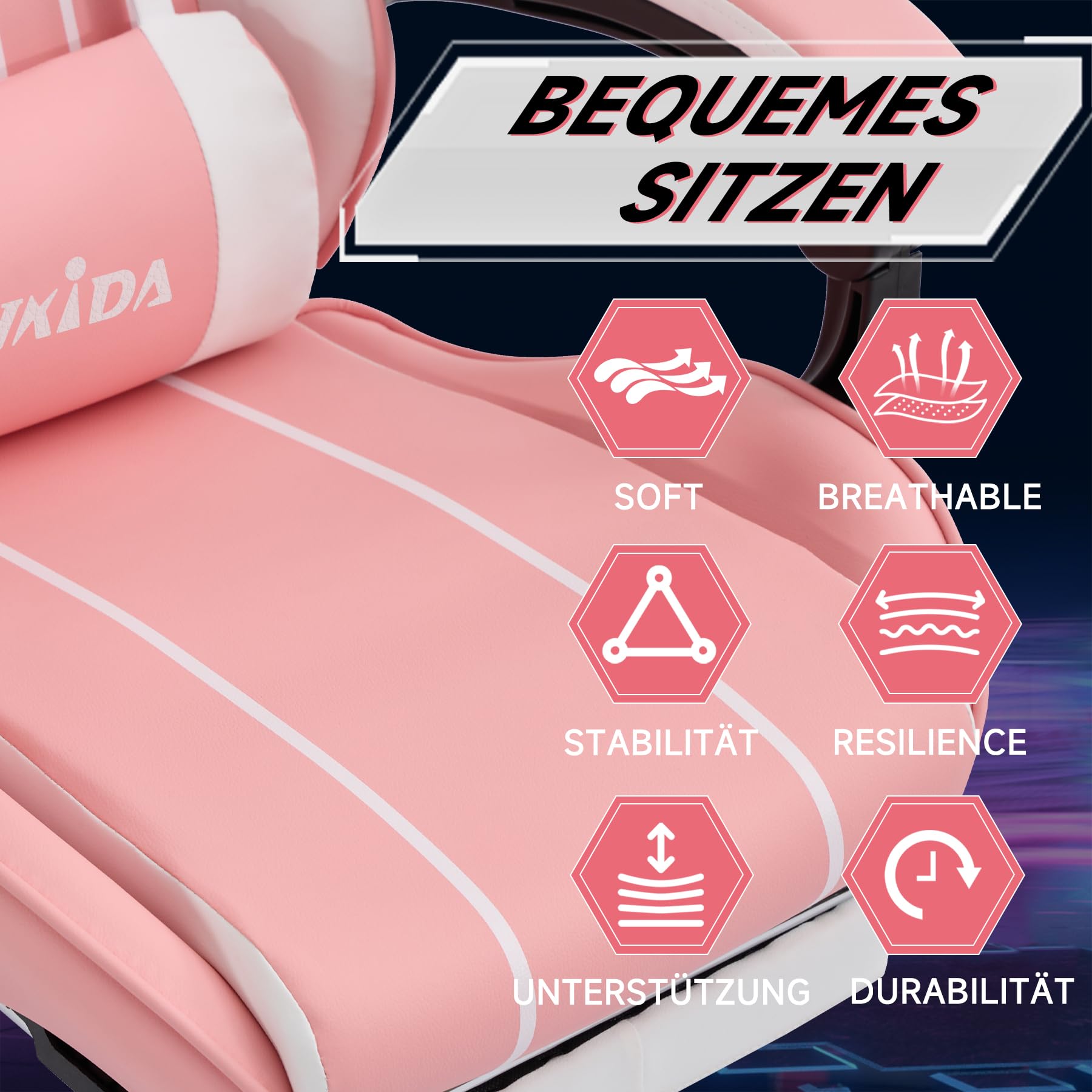 SUKIDA krzesło do gier komputerowych Ergonomiczny fotel do gier z podnóżkiem Biurowy fotel komputerowy Ergonomiczny fotel komputerowy z podparciem lędźwiowym Różowo-biały