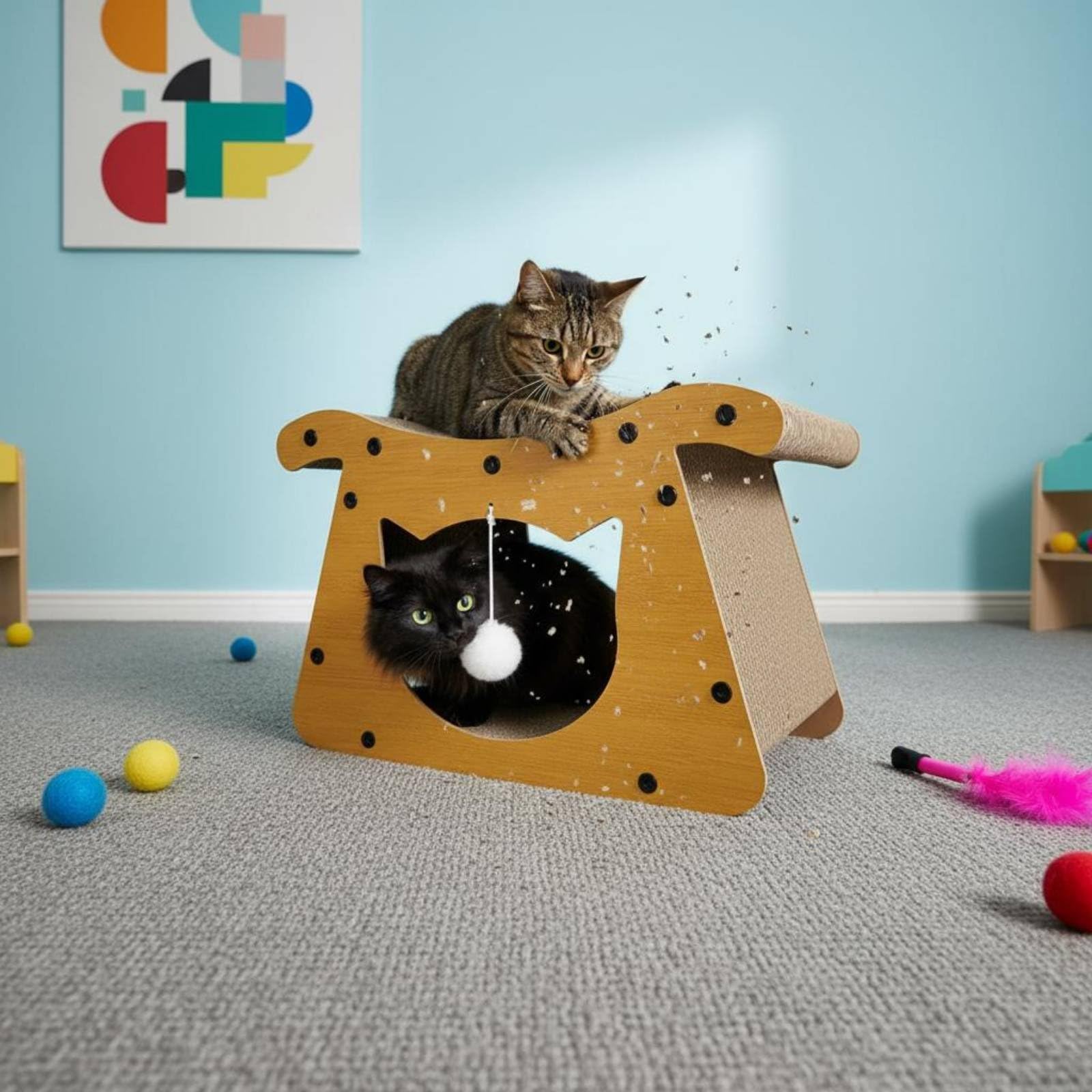 Lit Griffoir pour Chat Maison Grattoir Couchage Aire de Détente Surface Texturée en Carton Ondulé Structure pour Usage Fréquent Jouet Suspendu pour, 24 Cm
