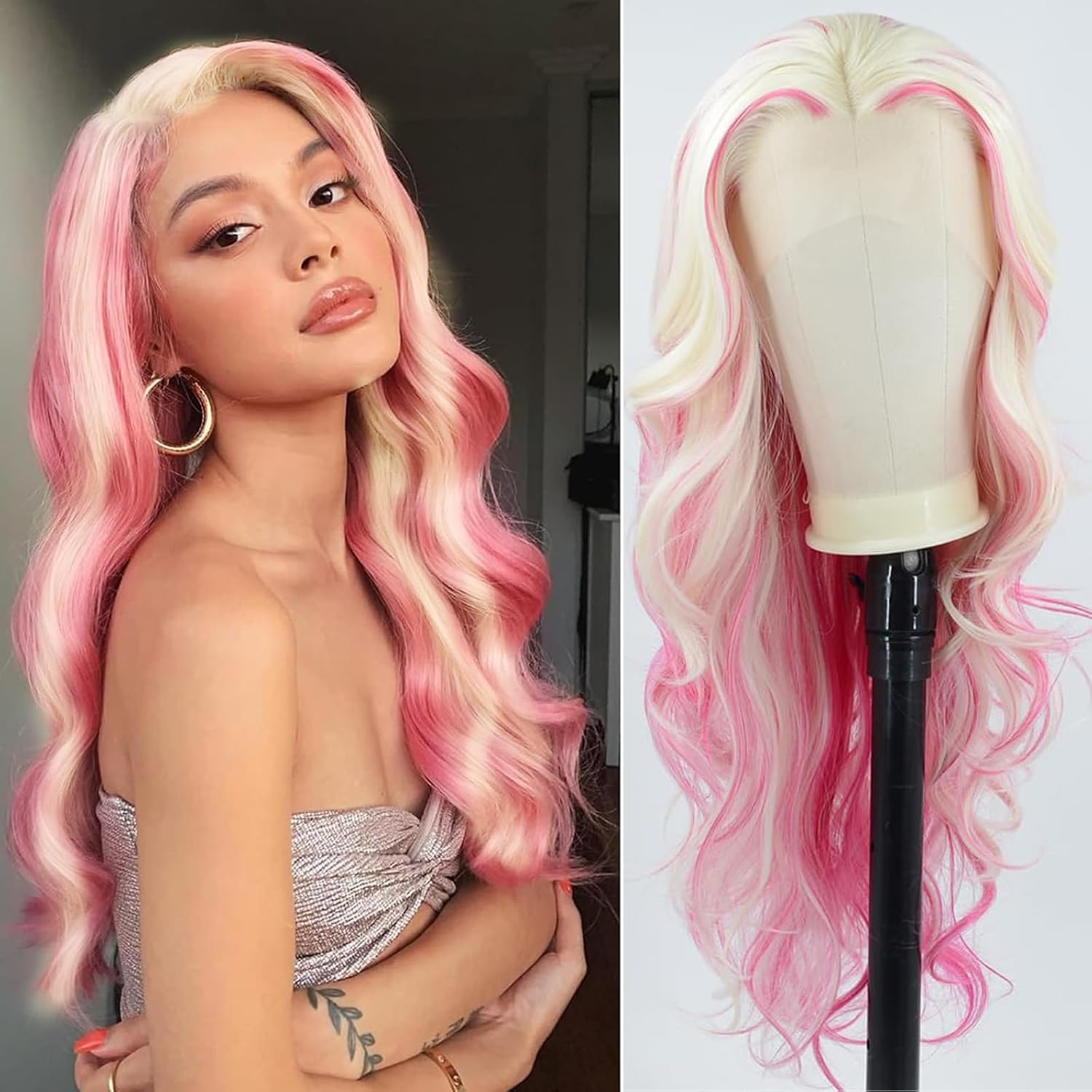 Blonde and Pink Highlight Body Wave Wig Plainum Blonde Pink Skunk Stripe Lace Front Wigs Pre Plucked Long Glueless Synthetic Curly Wear and Go Hair Wig for Women Cosplay Party