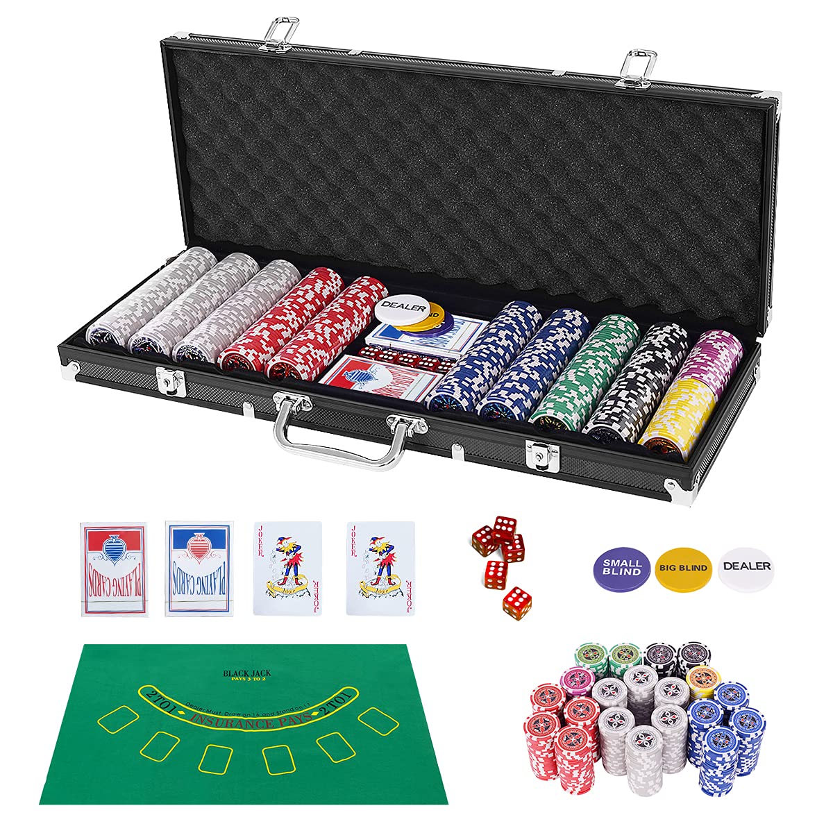 GOPLUS Maletín de póker de Aluminio Profesional con 500 fichas y 2 Juegos de Tarjetas, 3 Dealers, 1 Alfombra, Juego de Poker de Estilo Casino, Juego de póker para casa y Casino (Negro)