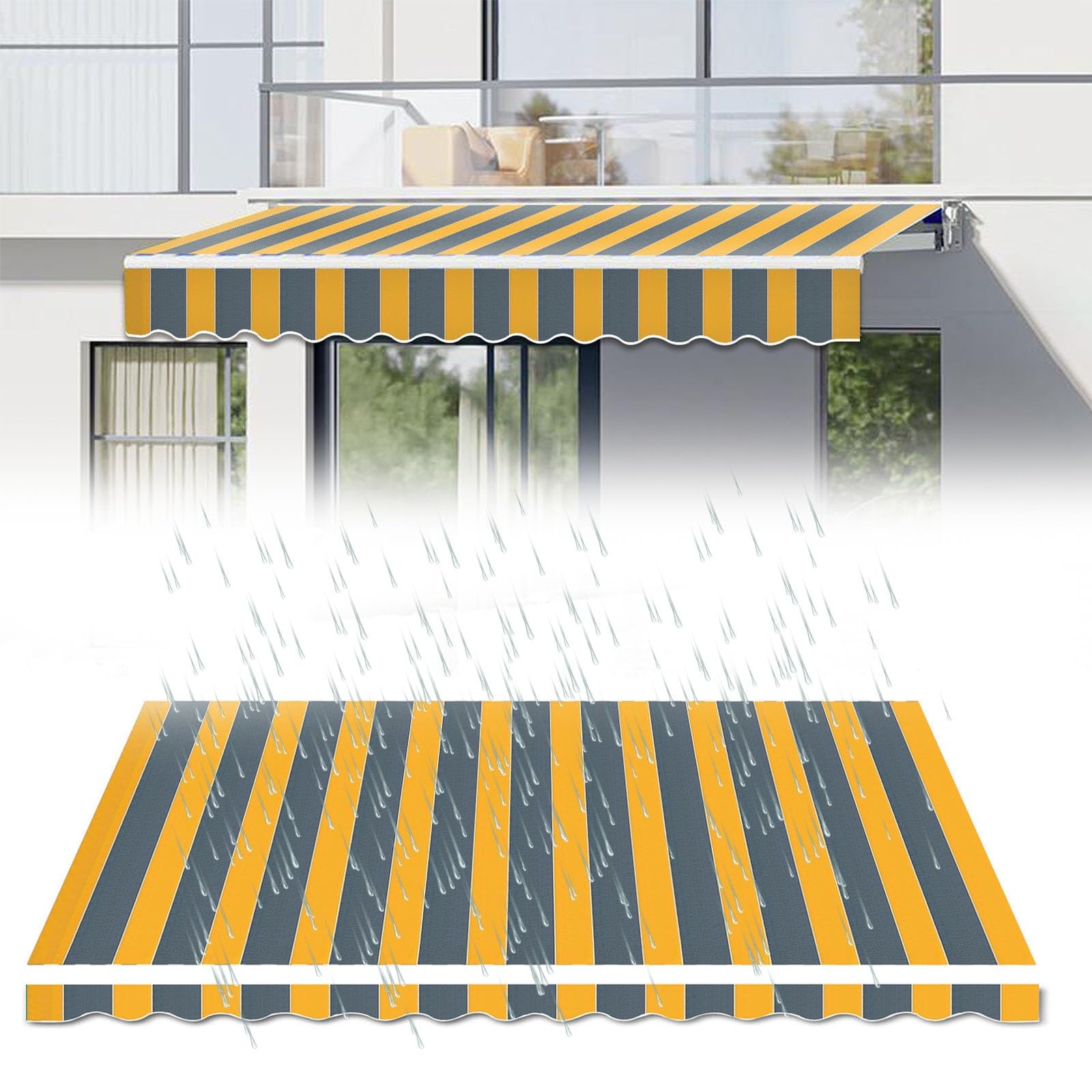 Telo di ricambio retrattile per patio, impermeabile, 258 g, in poliestere, per esterni, arrotolabile, per terrazza, ristoranti, negozi (strisce gialle e grigie, 3 x 1,5 m)