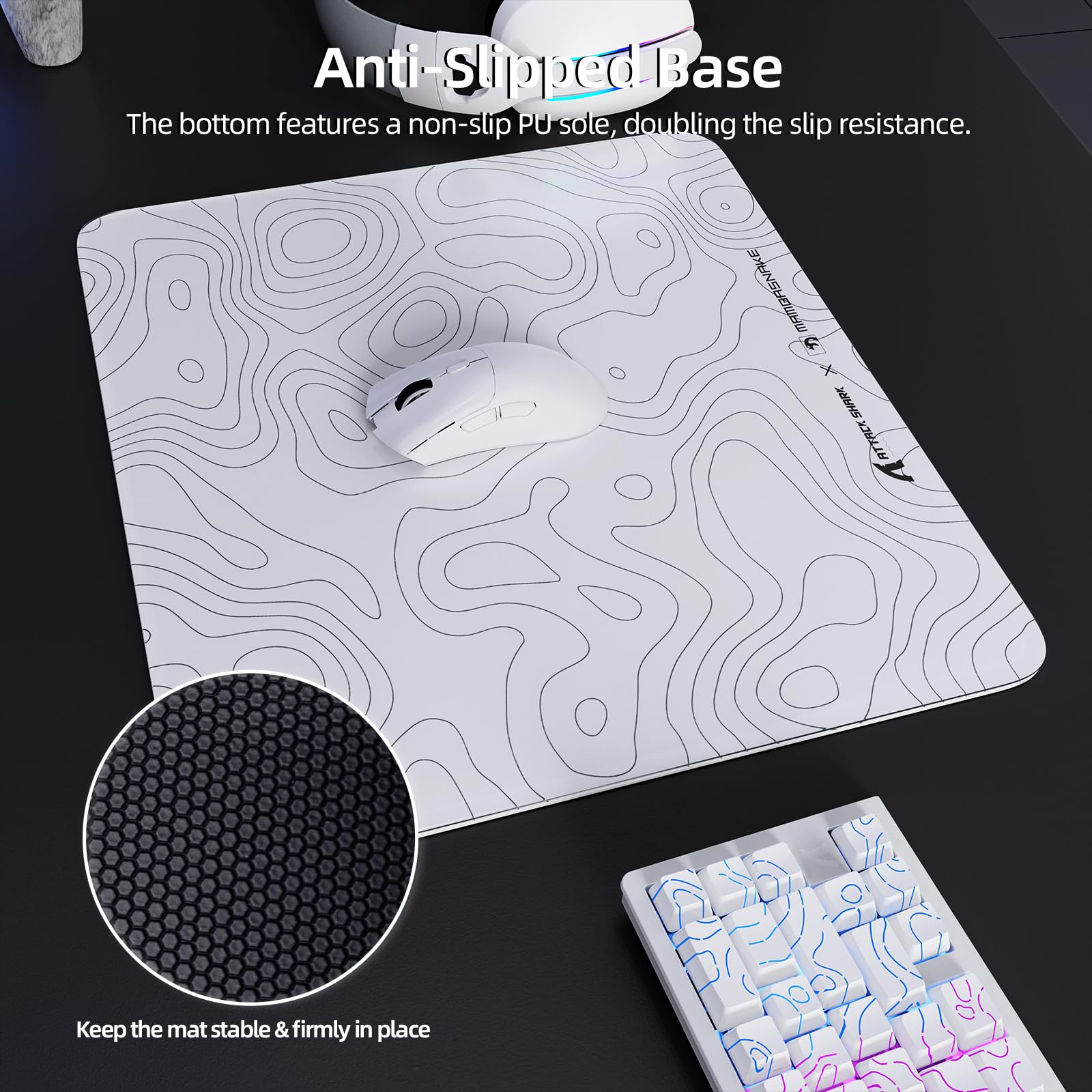 ATTACK SHARK CM05 Gaming-Mauspad Aus Gehärtetem Glas, Ultraglatte Oberfläche, 9H Gehärtetes Glas, 17.72 * 15.75 * 0.2inch, Topografische Kontur, Stoßfest, rutschfeste Mausmatte - Weiß
