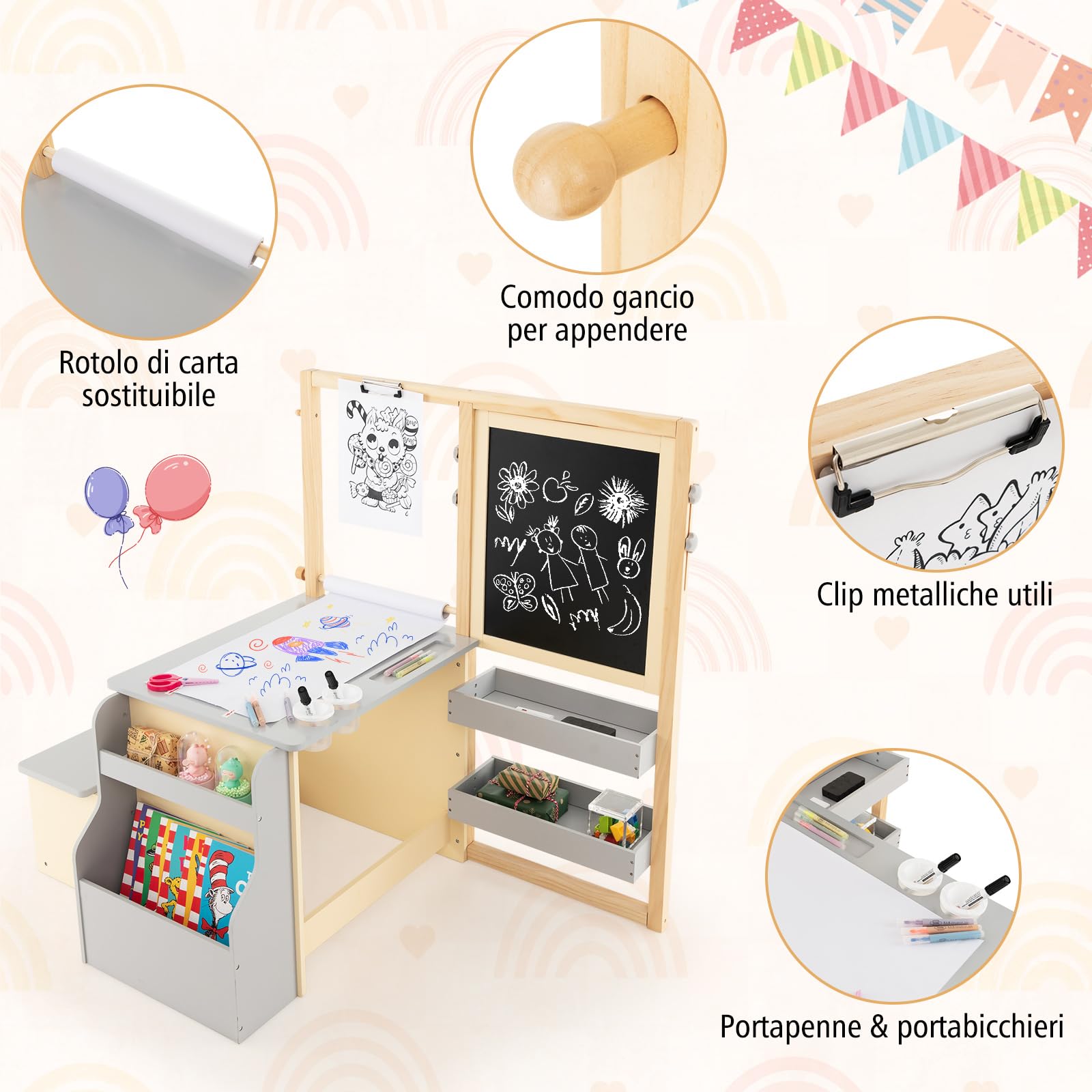 RELAX4LIFE Set Tavolo con Sedie 3 in 1, Cavalletto Regolabile/Scaffale/Scrivania/Lavagna Bianca/Lavagna Nera/Libreria con Tazze,Pennarelli,Gomma, Gessetti,114x81x100 cm (GRIGIO)