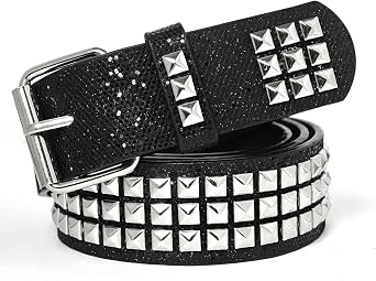 Studded Belt Black Punk Rock Chunky Belts 1.5 Inch Silver Glitter Belt Square Studs Waist Jewelry for Women Men