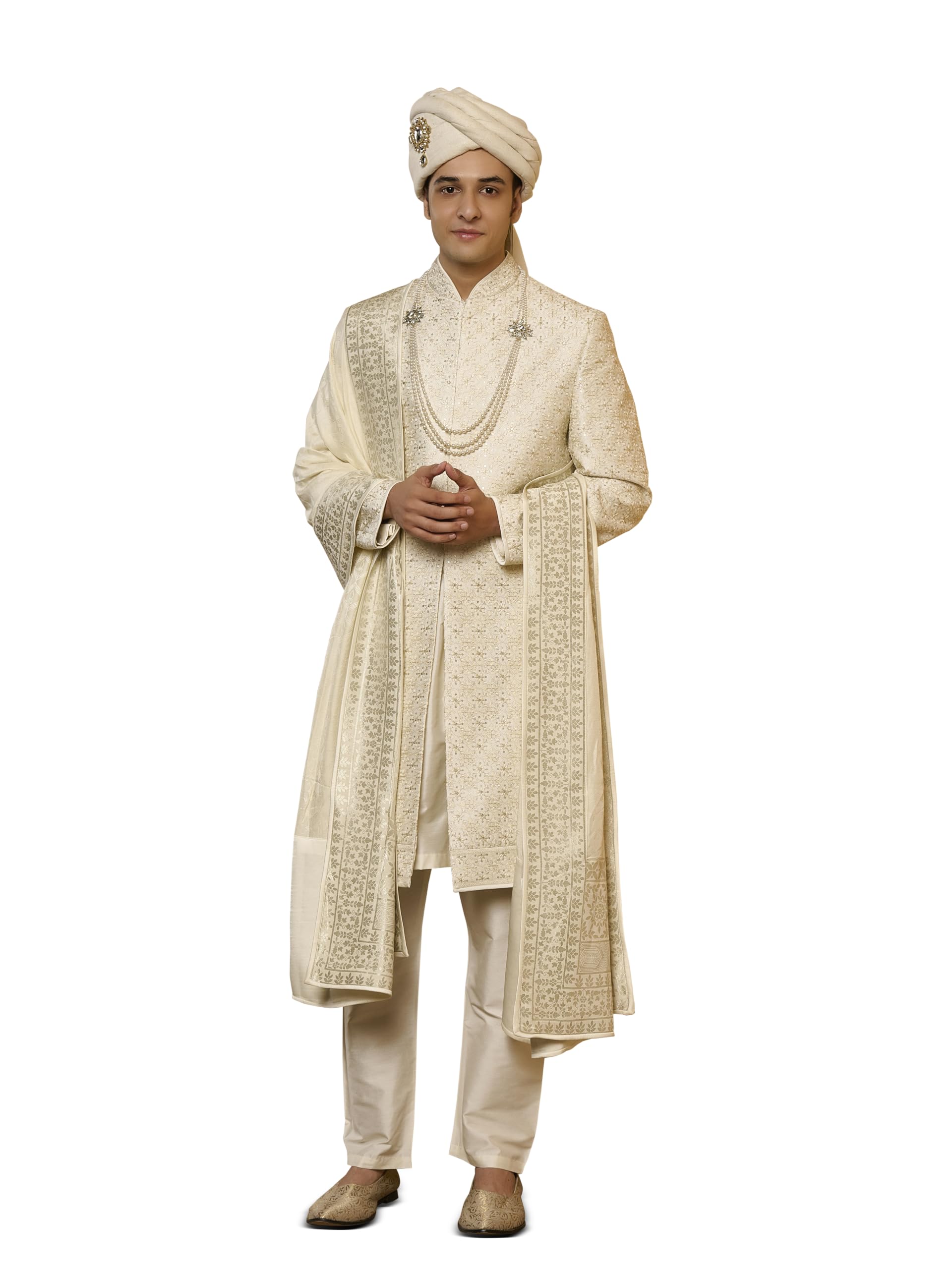tasva Ivory Motif Brocade Sherwani Set-picture-20