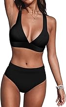 CUPSHE – Maillot de bain 2 pièces style vintage pour femme, taille haute, col en V, bretelles larges, attache au dos, bonnets souples amovibles