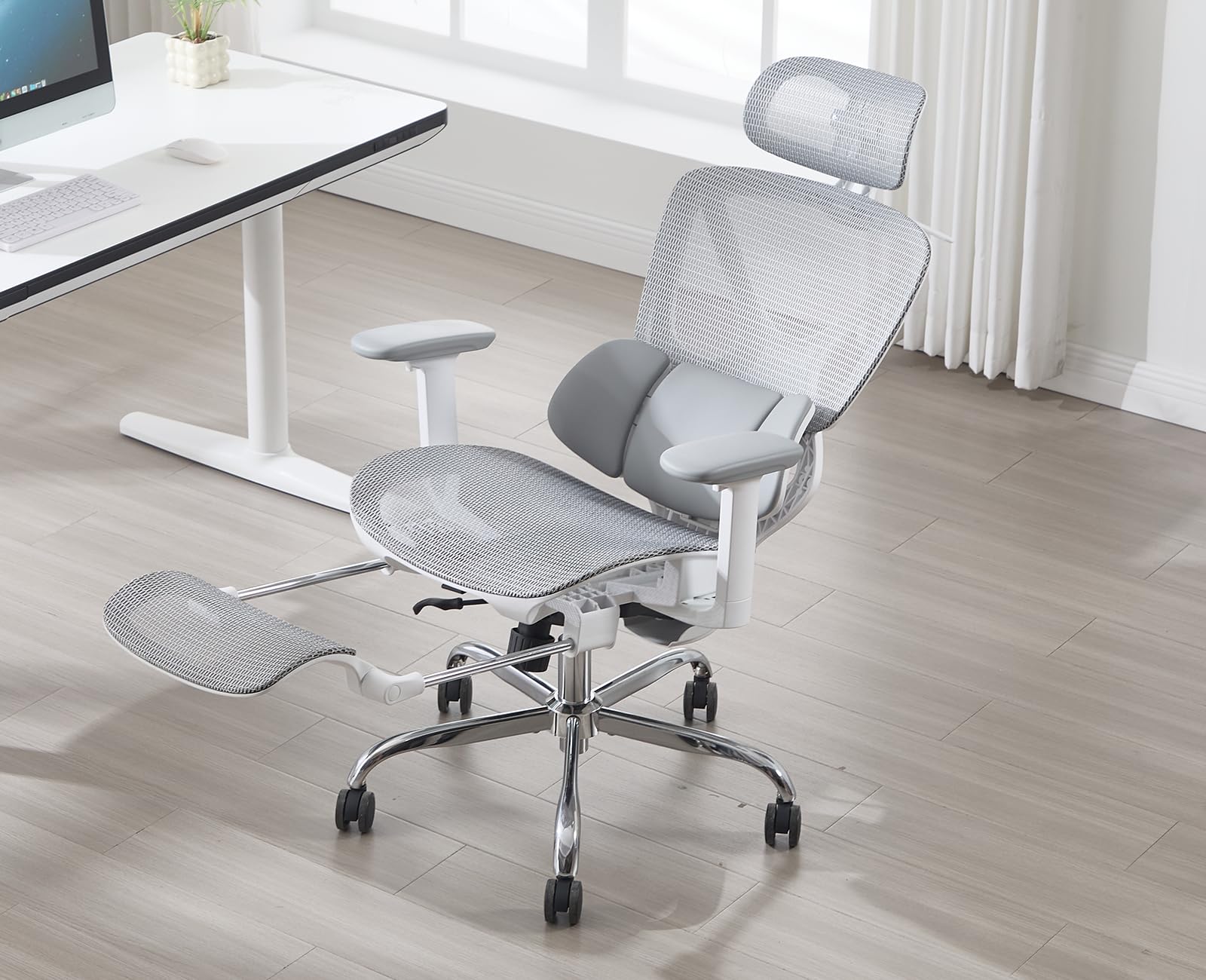 Silla de oficina ergonómica con reposacabezas ajustable, soporte lumbar, reposabrazos abatible, reposapiés giratorio, silla de computadora para el hogar, estudio, trabajo, color gris