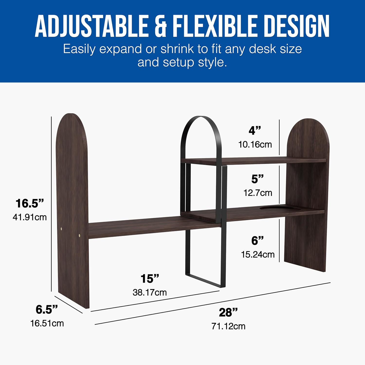 Maplefield Desk Hutch Expandable Shelf Organizer, Walnut Finish, Engineered Wood Desktop Storage Rack for Office, Dorm, or Home – Adjustable Over Desk Bookshelf for Supplies, Decor & Accessories