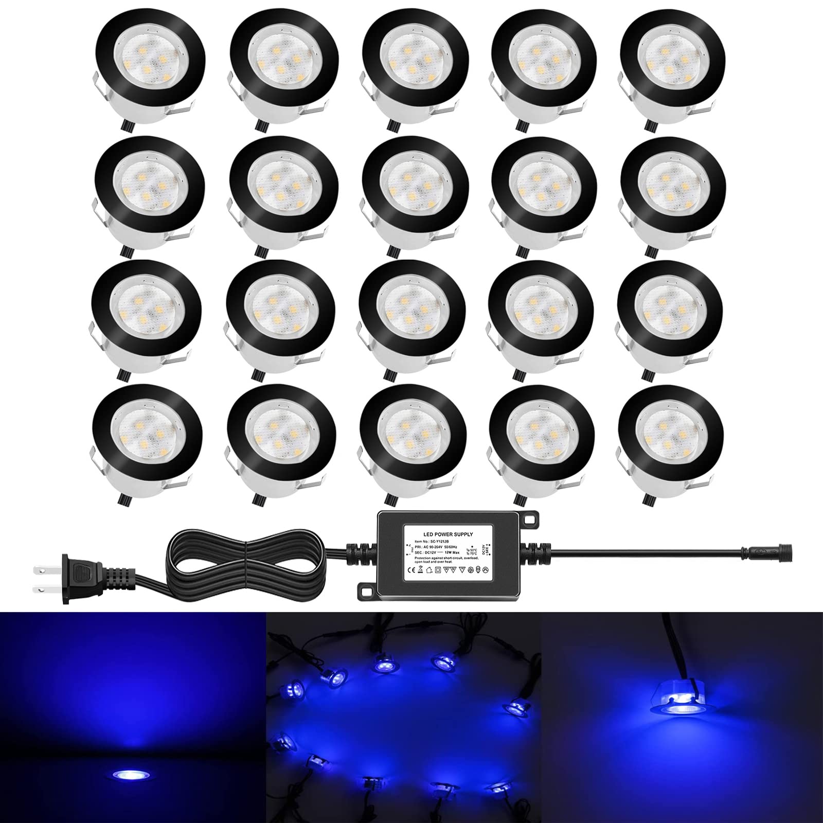 Low Voltage LED Deck Lighting Kit Stainless Steel 1W Waterproof Outdoor Yard Garden Decoration Lamps Landscape Pathway Patio Step Stairs LED In-ground Lights Black Border(20pcs,Blue) Blue 20pcs(Black Border)