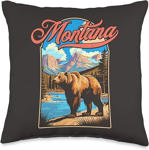 Outpost by Giant Step Design Co. Grizzly Bear & Montana Mountains Vintage 70s Vibe - Almohada gráfica, 16 x 16 pulgadas, multicolor