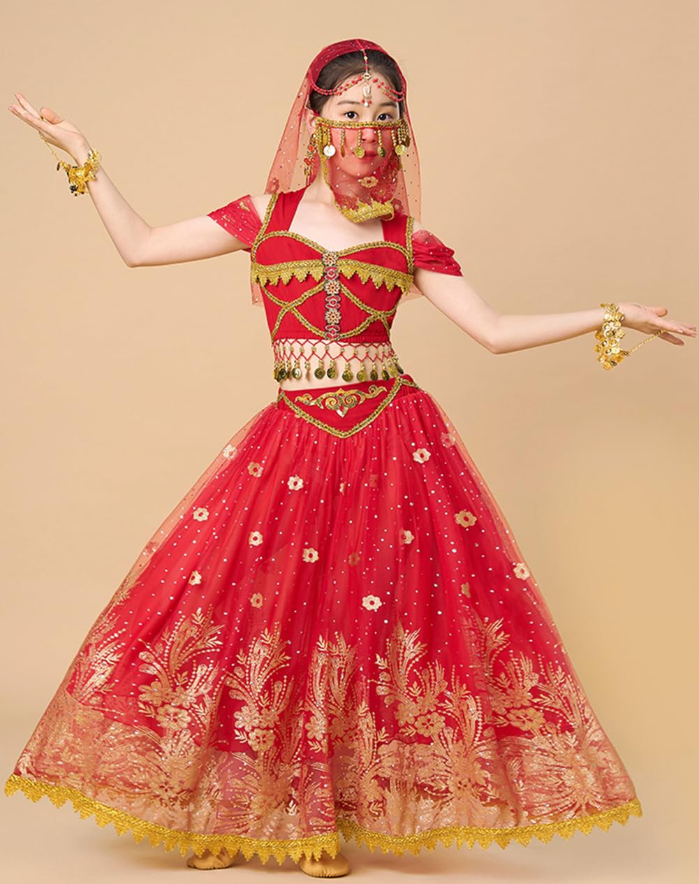 Disfraces de Baile para Niñas Vestidos de Danza del Vientre India Ropa de Halloween Traje de Carnaval Falda de Gasa con Lentejuelas Brillantes Vestidos de Competición Disfraz de Actuación (L)