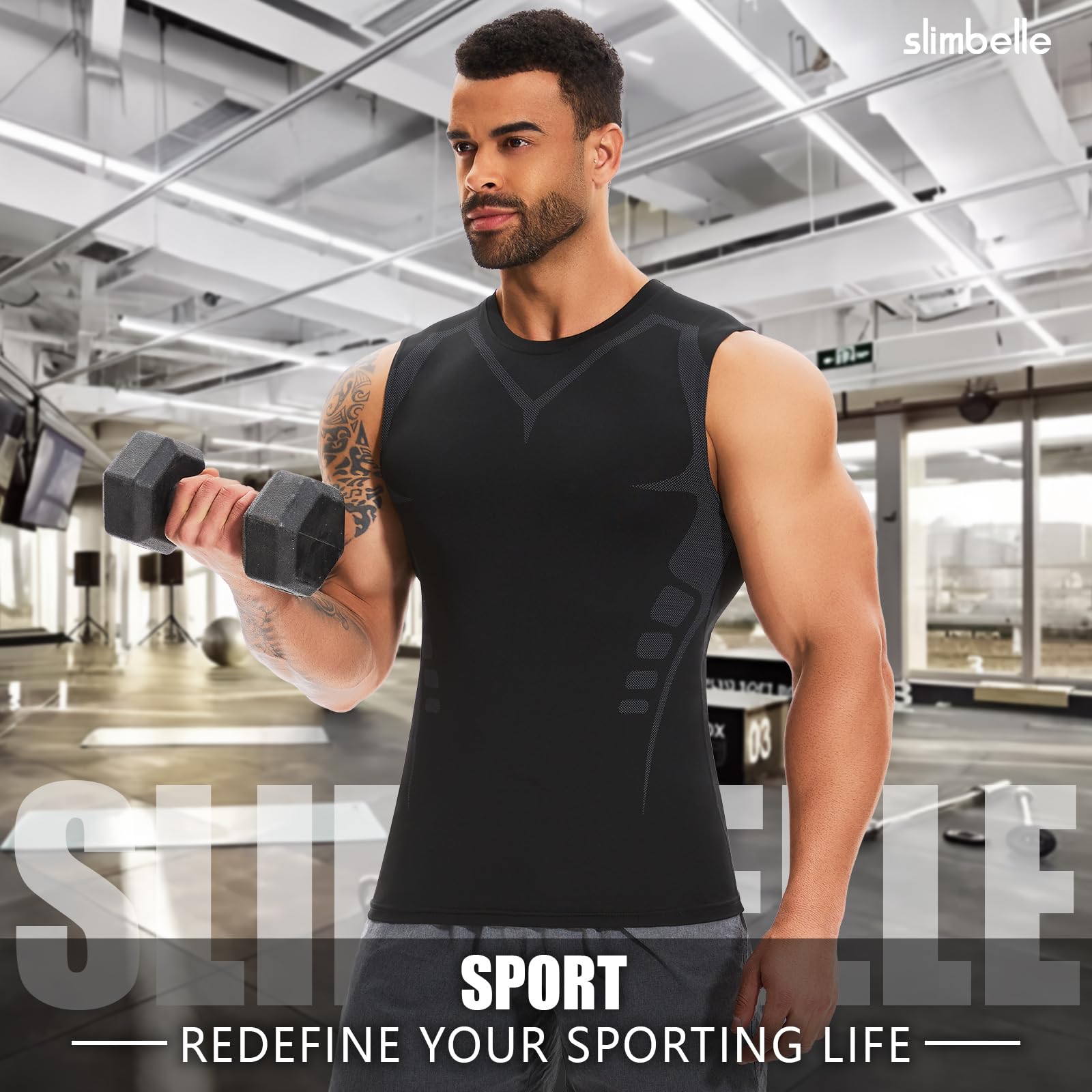 SLIMBELLE Pack de 2 camisetas de compresión para hombre, sin mangas, con cuello redondo