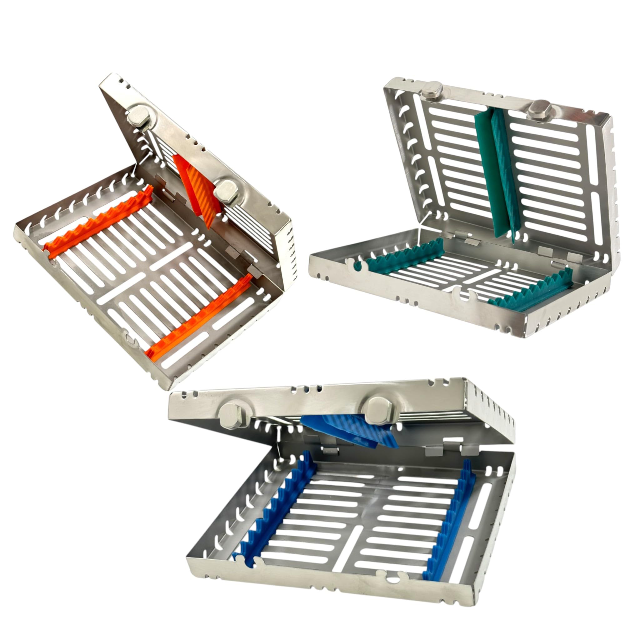 Set of 3 Each - Sterilization Cassettes with Detachable Lid, 2-Button Lock, 10-Slot Colored Silicone Inserts (Blue+Green+Orange) German Stainless Steel