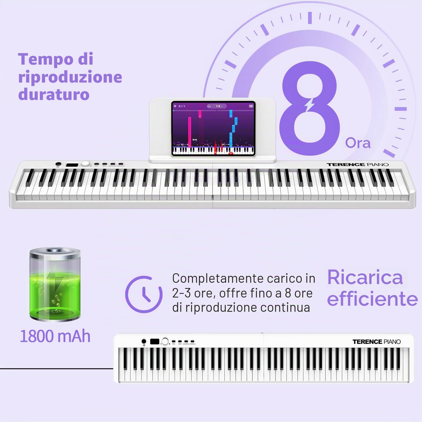 TERENCE Pieghevole Pianoforte Digitale con 88 Tasti semi-ponderati e interfaccia USB MIDI supporto spartiti Bluetooth Borse per Tastiera Cavo audio Cuffie Pedale Sustain Bianco
