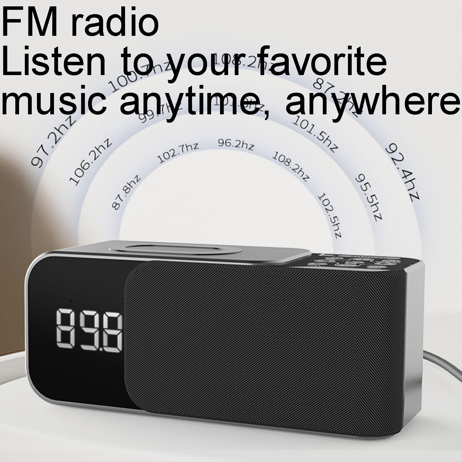 Sveglia con altoparlante Bluetooth con ricarica wireless, radio FM, doppio allarme, altoparlante da 5 W, suono potenziato dai bassi per casa o ufficio